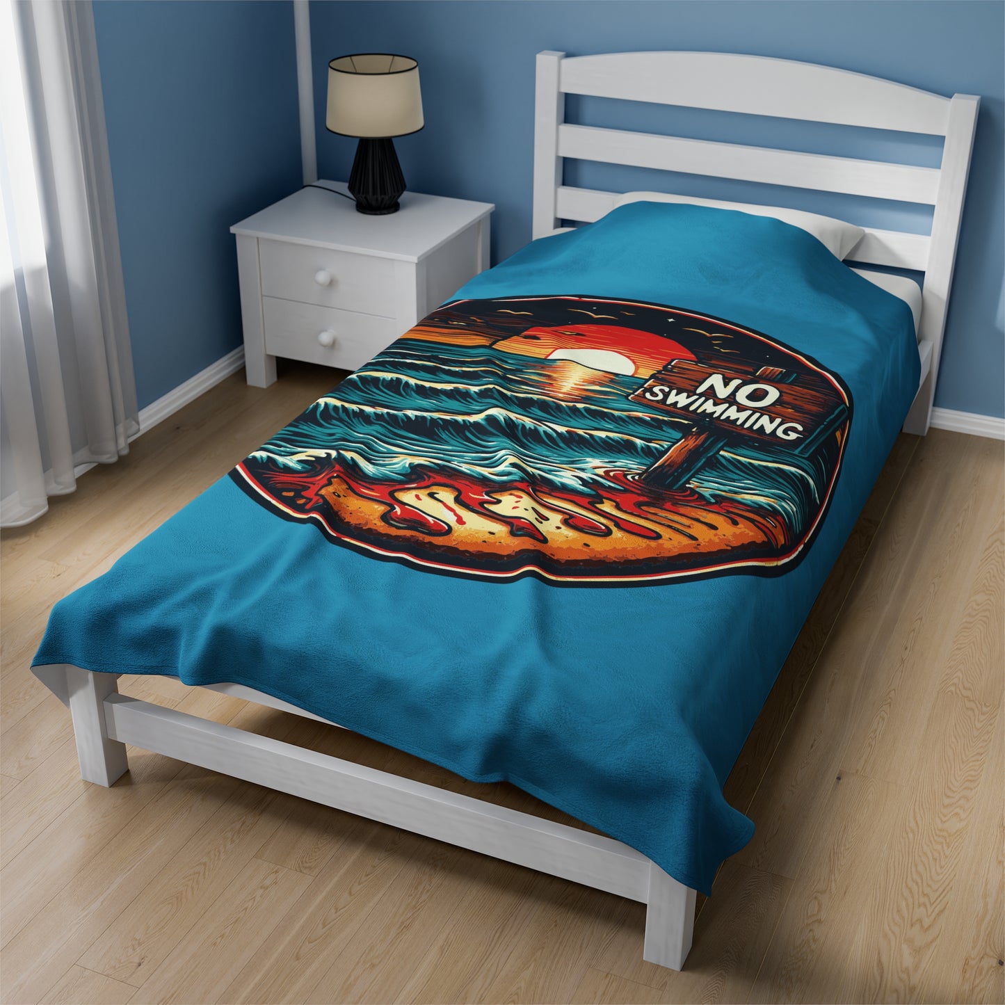 No Swimming Bloody Beach Horror Fun Velveteen Plush Throw Blanket Scary Ocean Shark Jaws