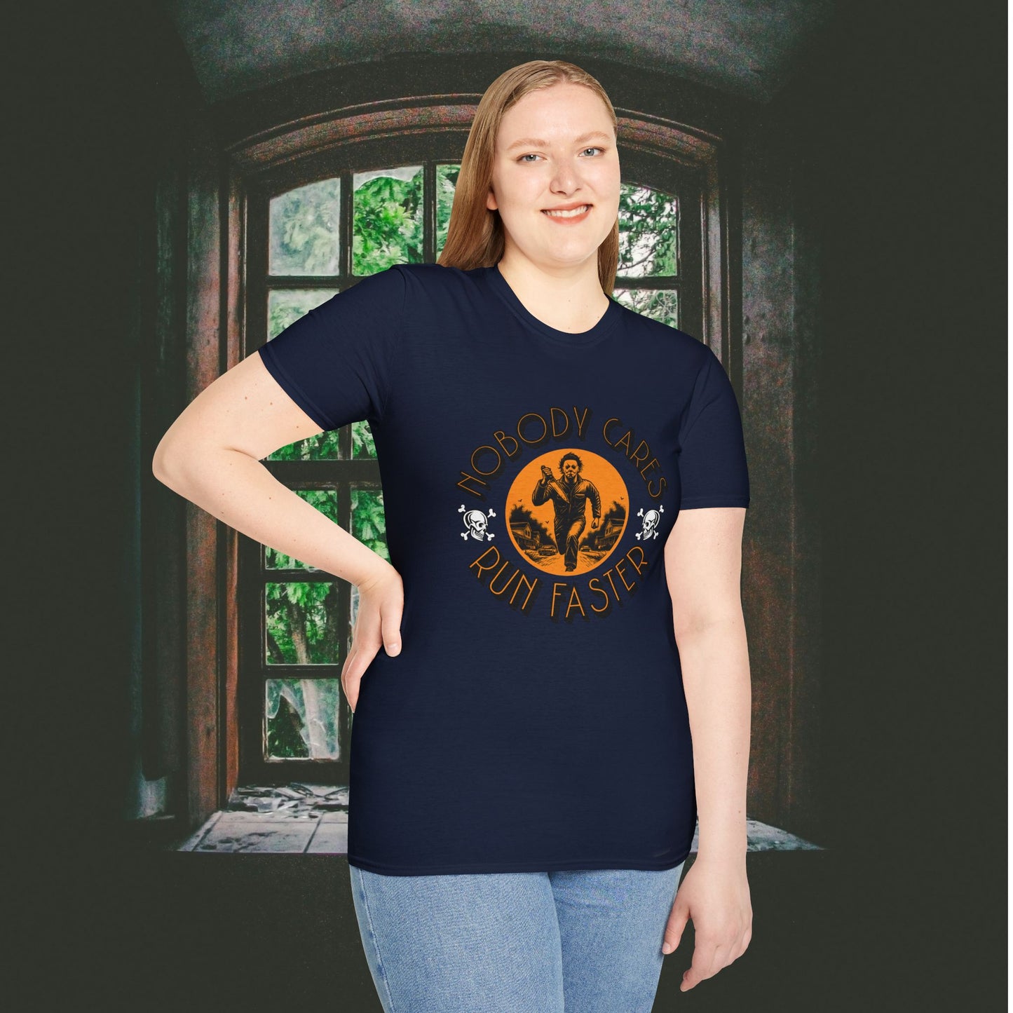 Nobody Cares Run Faster - Michael Running Myers on Halloween Horror Fun with Skulls Shirt - Unisex Softstyle T-Shirt