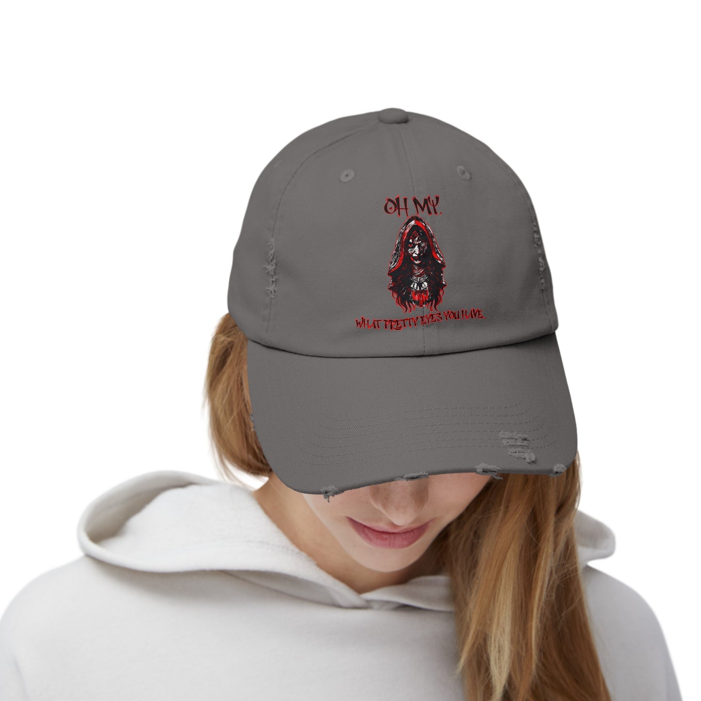 Creepy Little Red Riding Hood Inspired Scary Witch Oh My, What Pretty Eyes You Have Horror Hat Unisex Distressed Cap