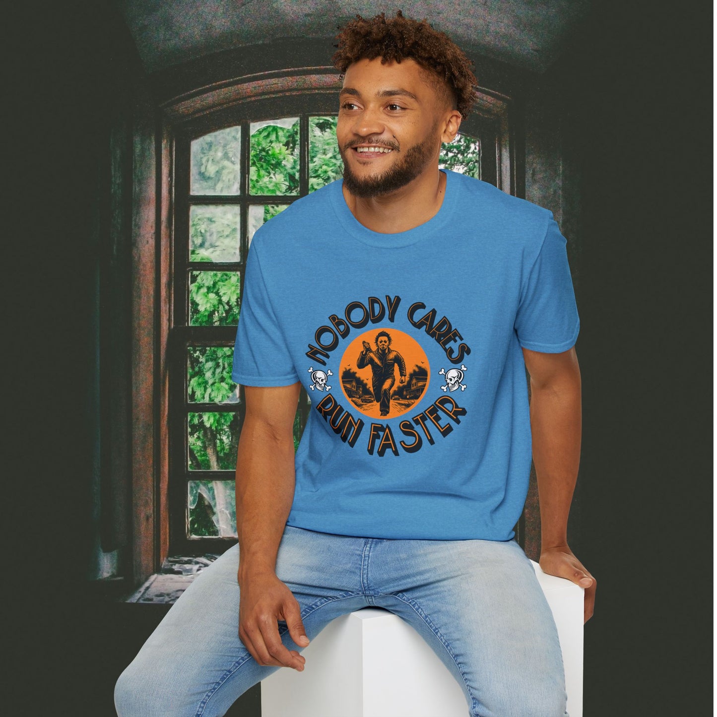Nobody Cares Run Faster - Michael Running Myers on Halloween Horror Fun with Skulls Shirt - Unisex Softstyle T-Shirt