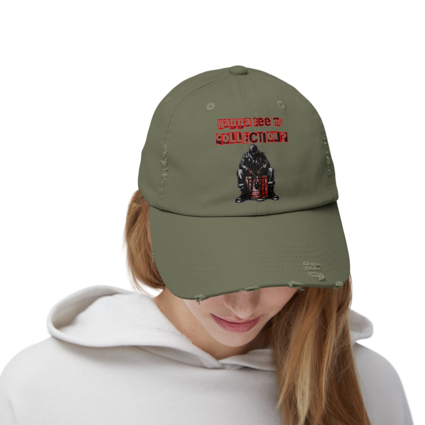 The Collector Inspired Wanna See My Collection Horror Movie Fun Collectors Hat Unisex Distressed Cap