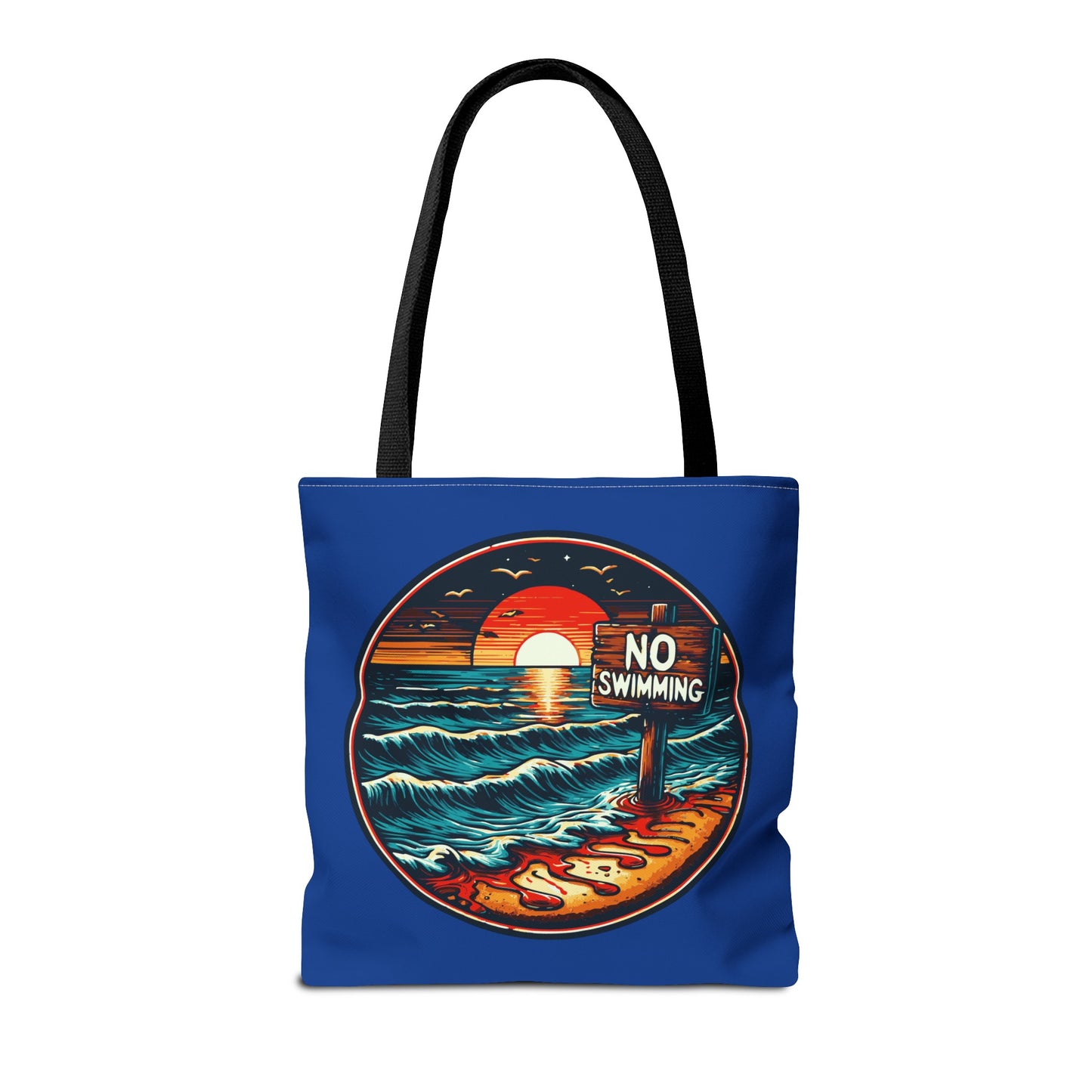 No Swimming Bloody Beach Tote Bag (AOP) Horror Fun Travel Swimming Vacation