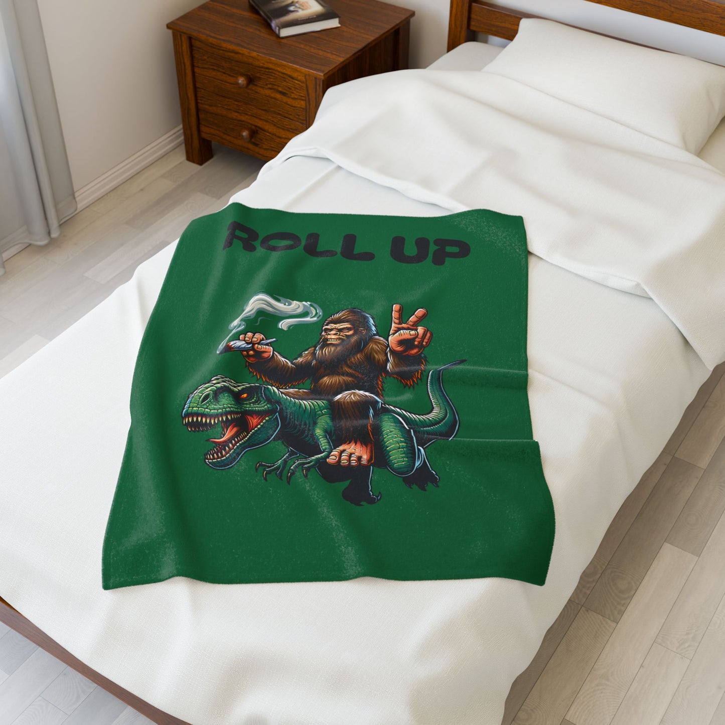Blanket - Bigfoot Riding T Rex Smoking Joint Peace Sign Design