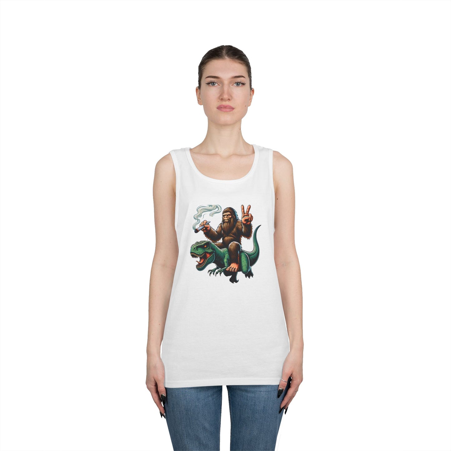 Bigfoot Riding T Rex Tank Top - 420 Peace Sign Design