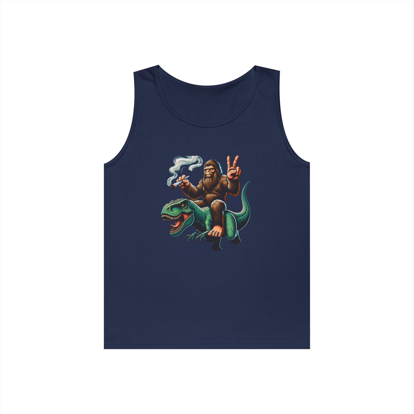 Bigfoot Riding T Rex Tank Top - 420 Peace Sign Design