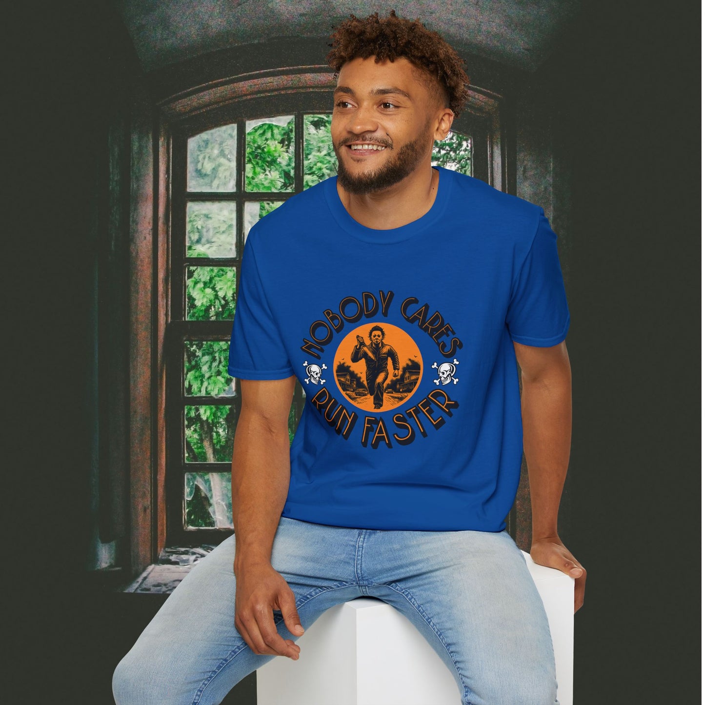 Nobody Cares Run Faster - Michael Running Myers on Halloween Horror Fun with Skulls Shirt - Unisex Softstyle T-Shirt