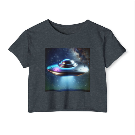 Women's Festival UFO Crop Top - Cosmic Graphic Tee for Music and Art Lovers