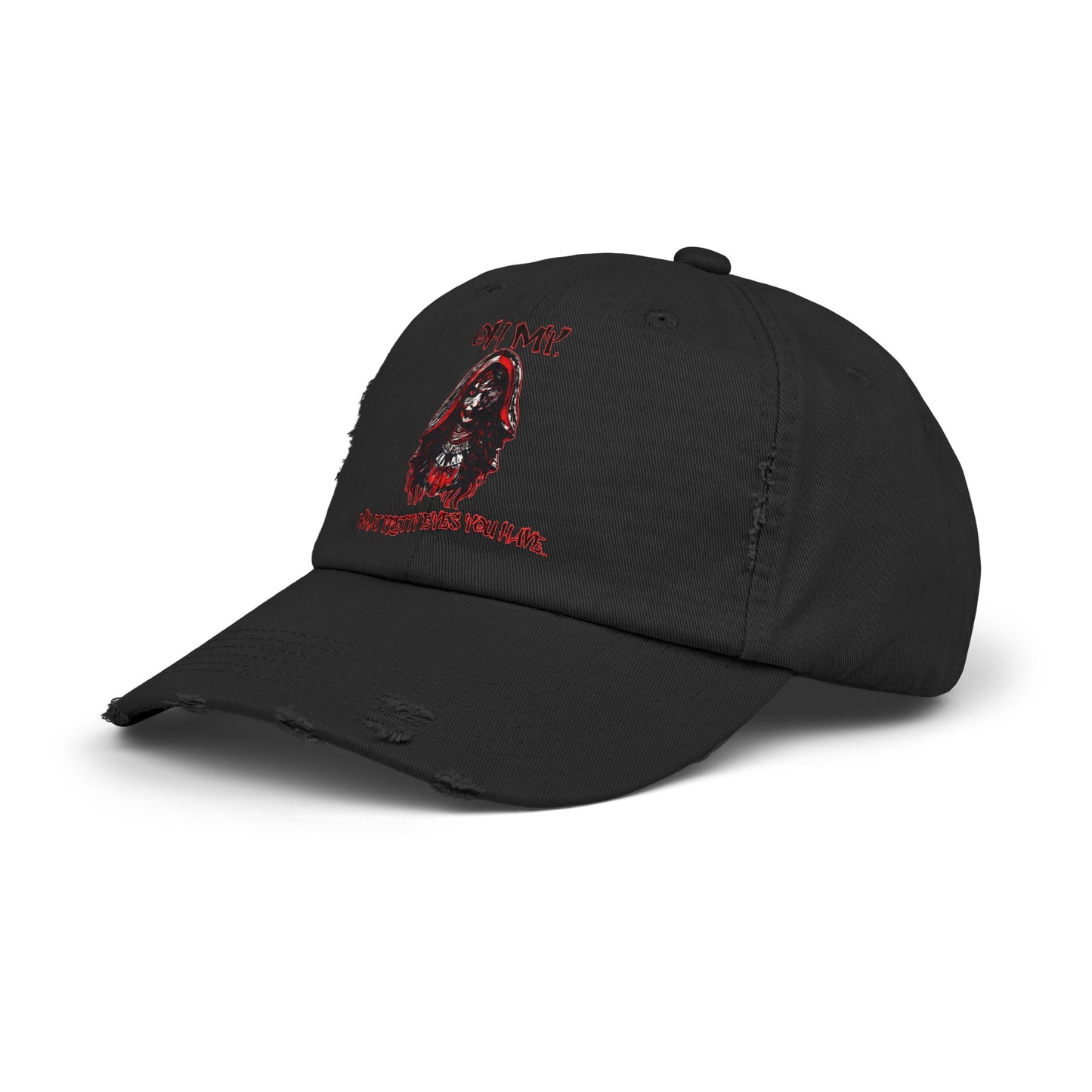 Creepy Little Red Riding Hood Inspired Scary Witch Oh My, What Pretty Eyes You Have Horror Hat Unisex Distressed Cap