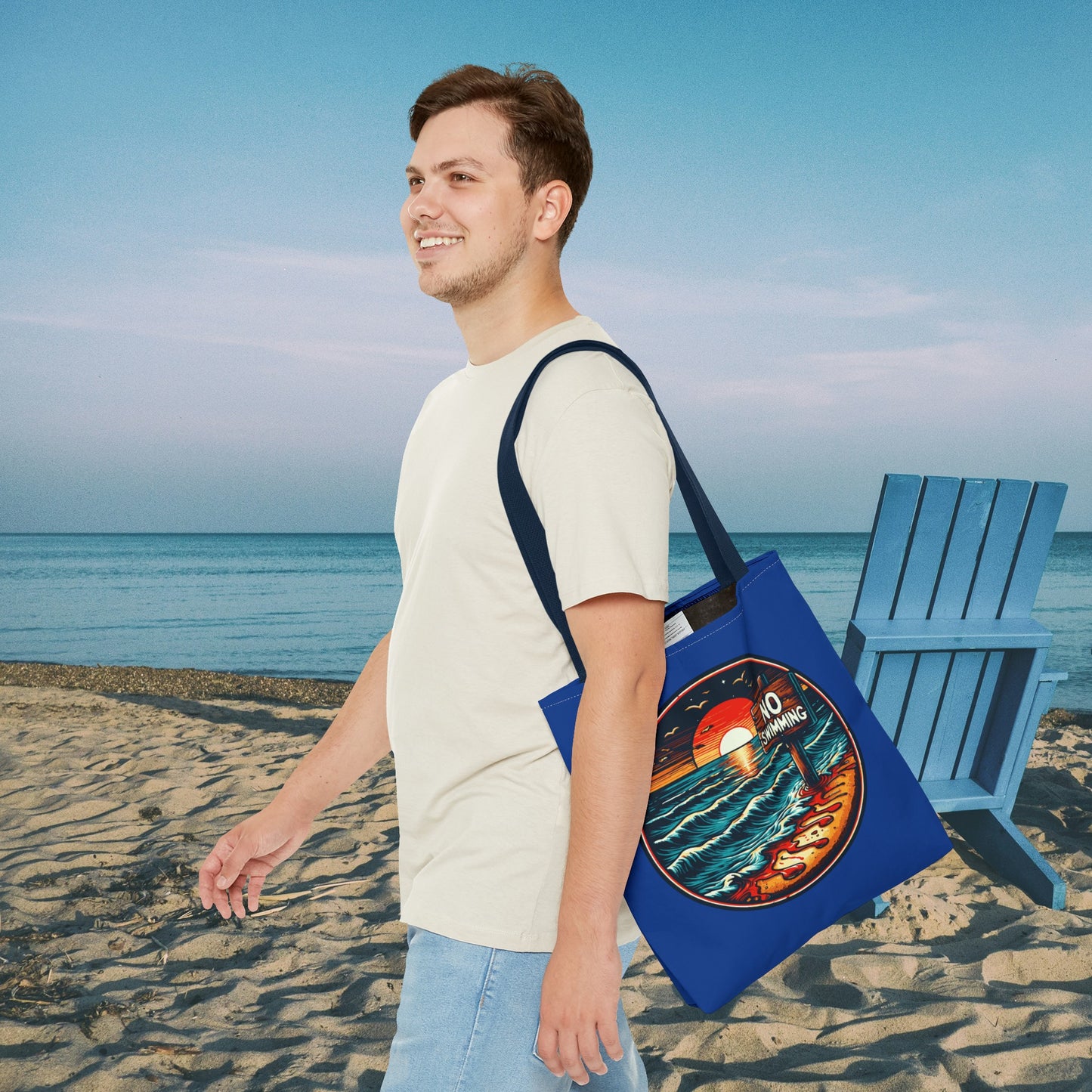 No Swimming Bloody Beach Tote Bag (AOP) Horror Fun Travel Swimming Vacation