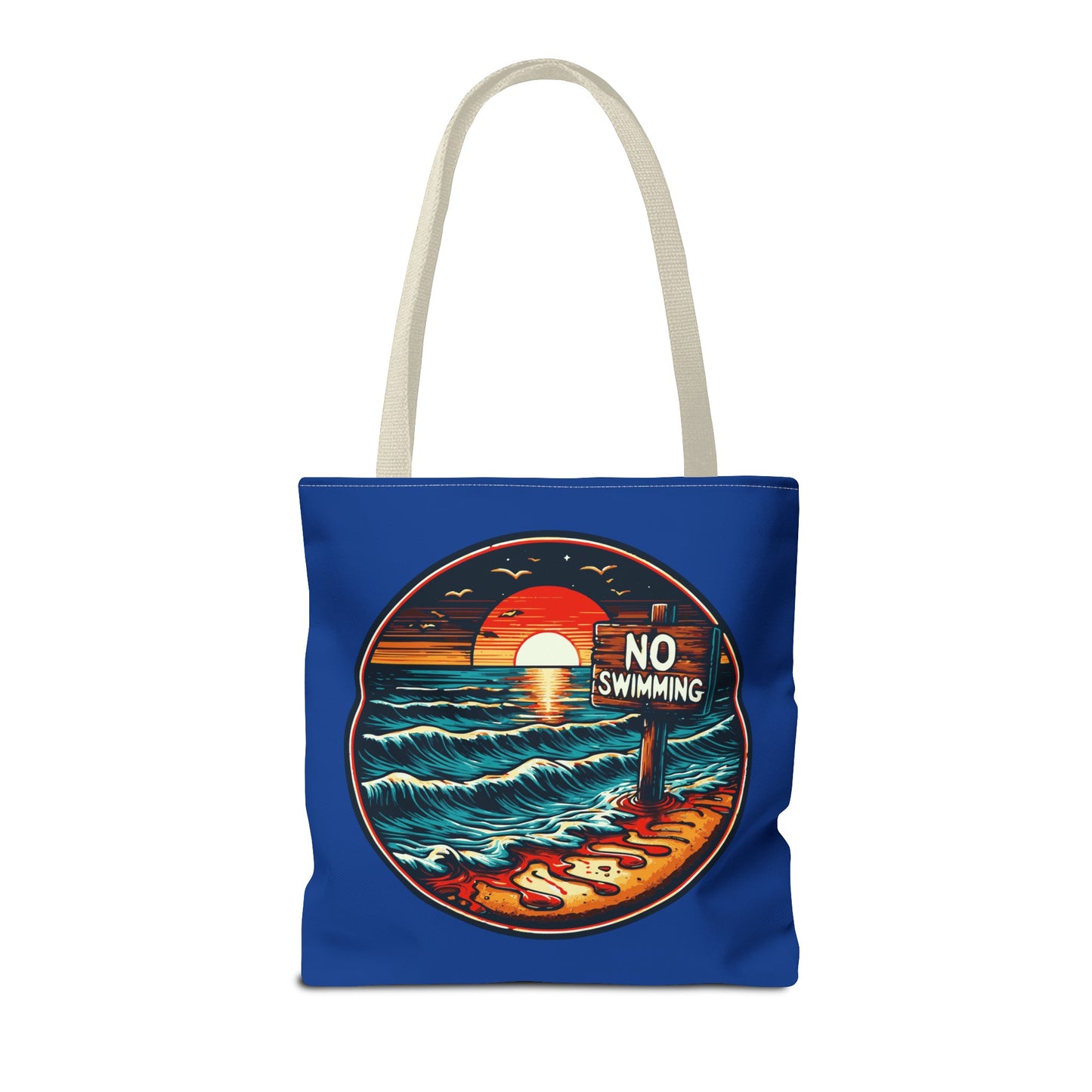 No Swimming Bloody Beach Tote Bag (AOP) Horror Fun Travel Swimming Vacation