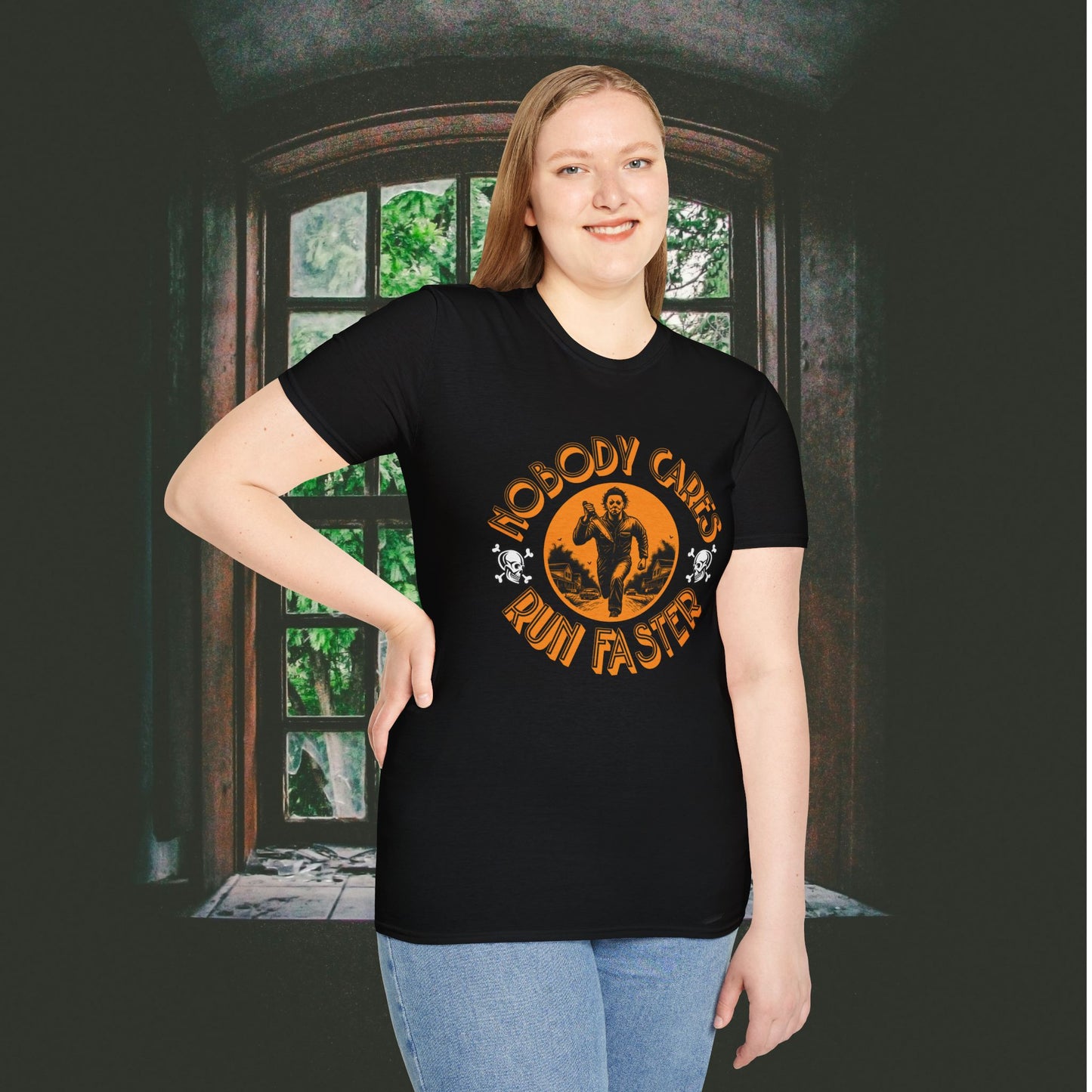 Nobody Cares Run Faster - Michael Running Myers on Halloween Horror Fun with Skulls Shirt - Unisex Softstyle T-Shirt