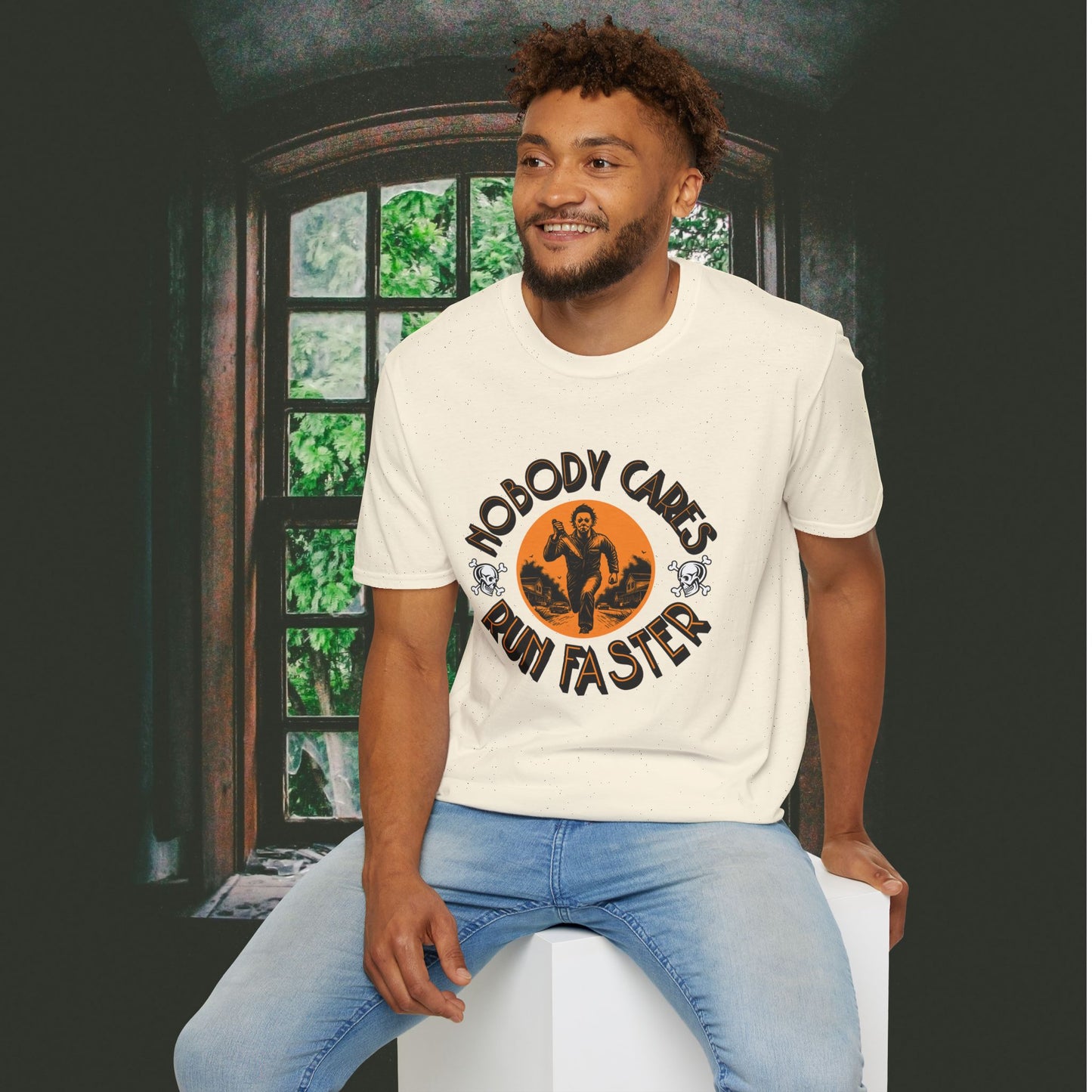 Nobody Cares Run Faster - Michael Running Myers on Halloween Horror Fun with Skulls Shirt - Unisex Softstyle T-Shirt