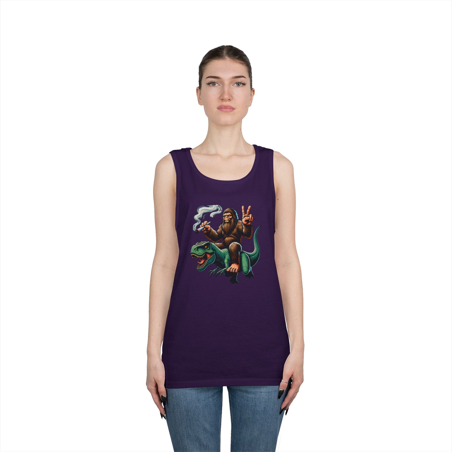 Bigfoot Riding T Rex Tank Top - 420 Peace Sign Design
