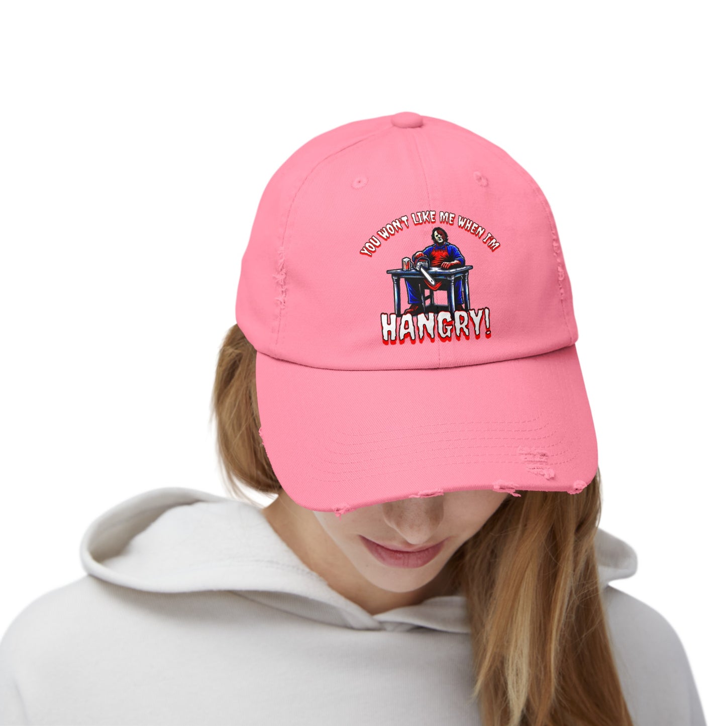 You Won't Like Me When I'm Hangry Leather Chainsaw Guy Cannibal Horror Fun Hat Unisex Distressed Cap