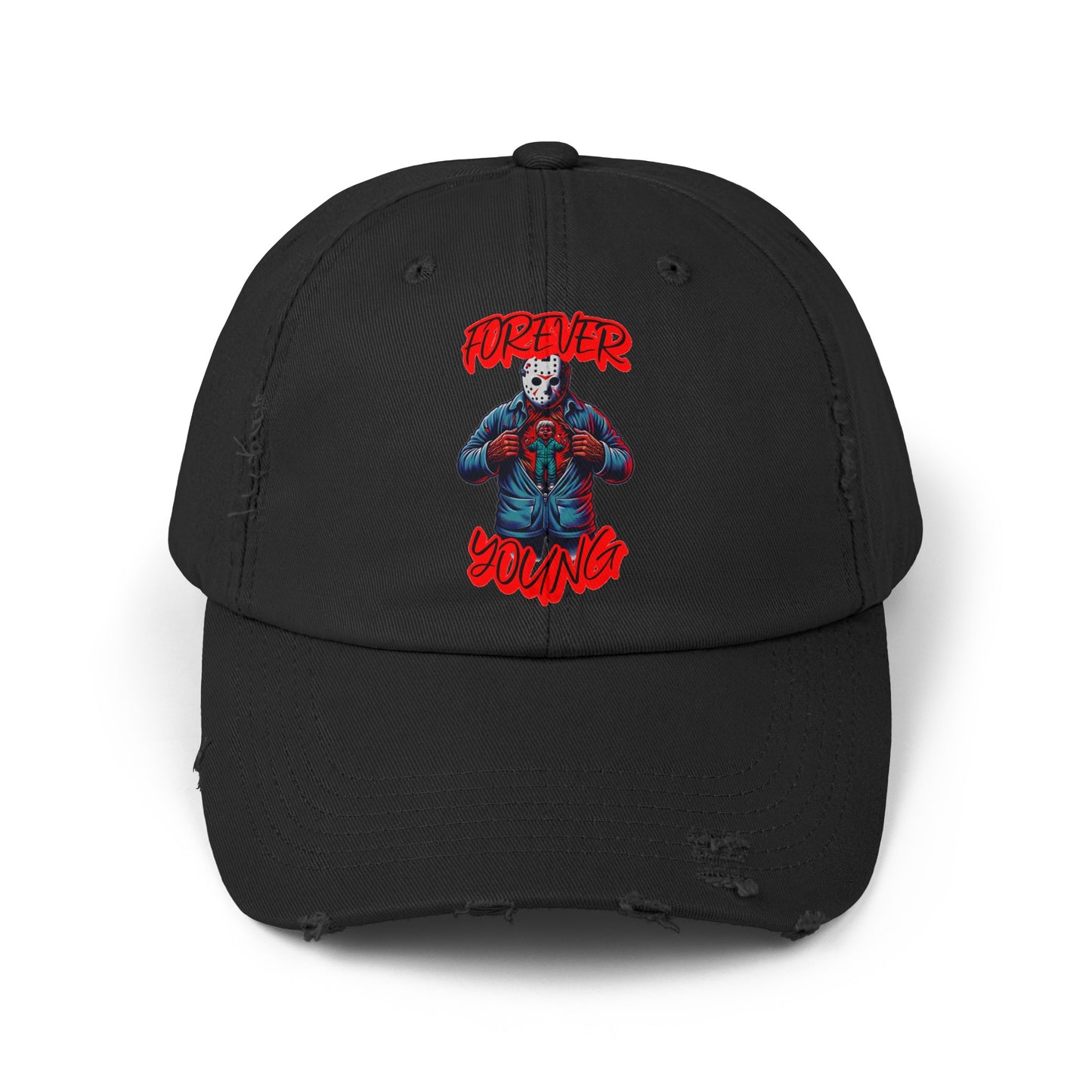 Forever Young Jason With The Mask On Voorhees Friday Horror Fun Unisex Distressed Cap Baseball Hat
