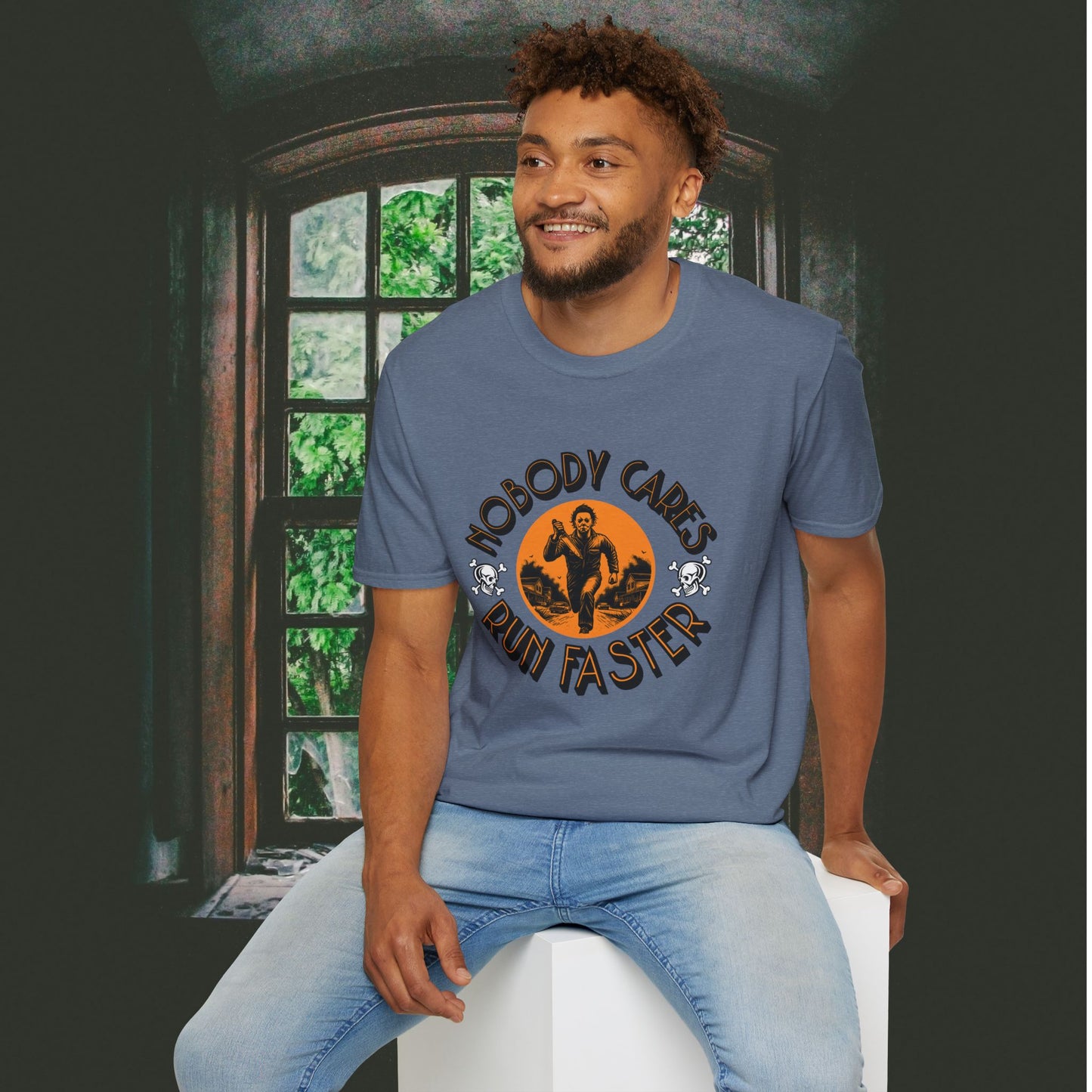 Nobody Cares Run Faster - Michael Running Myers on Halloween Horror Fun with Skulls Shirt - Unisex Softstyle T-Shirt