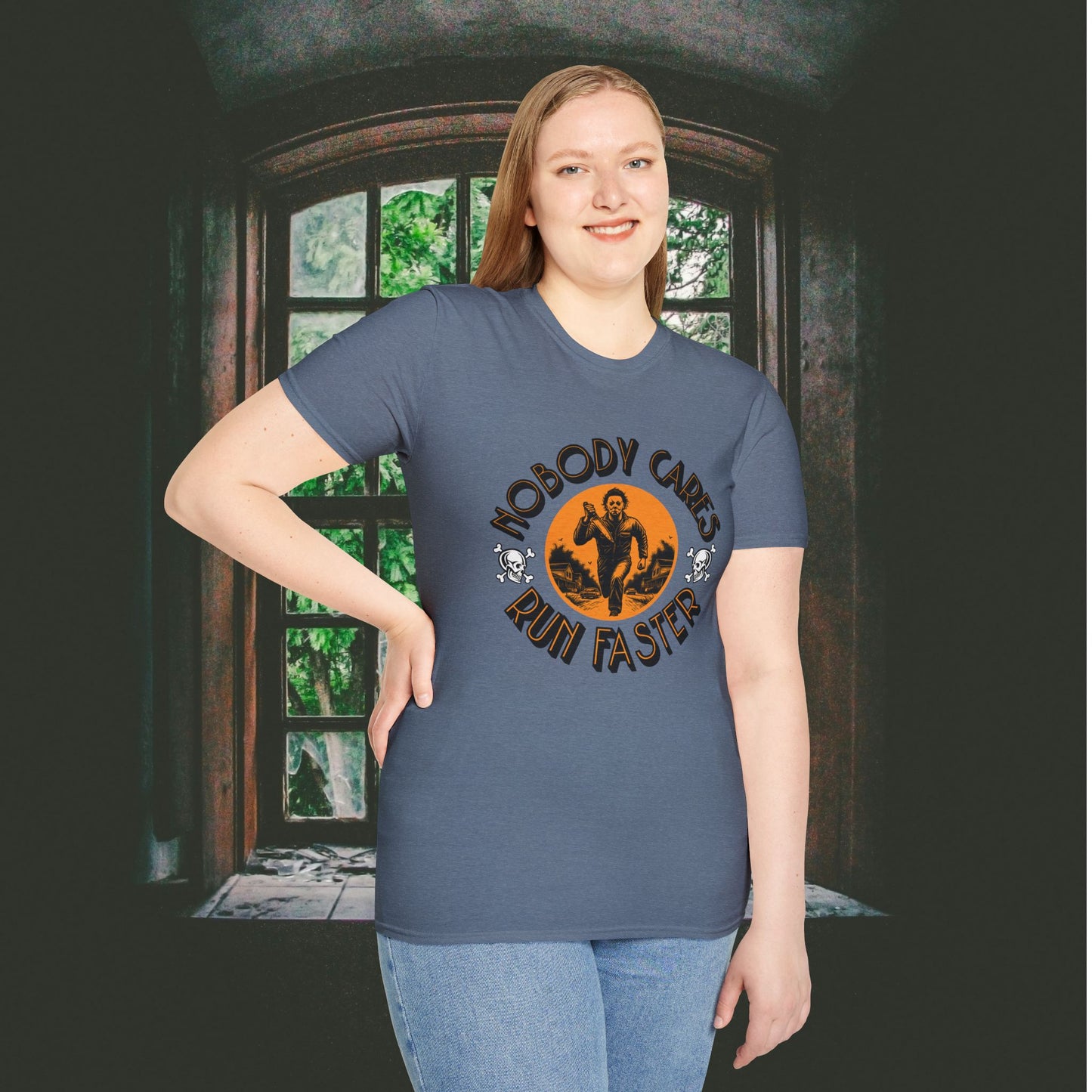 Nobody Cares Run Faster - Michael Running Myers on Halloween Horror Fun with Skulls Shirt - Unisex Softstyle T-Shirt