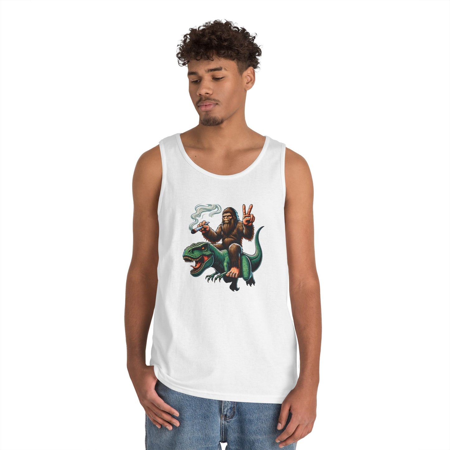 Bigfoot Riding T Rex Tank Top - 420 Peace Sign Design