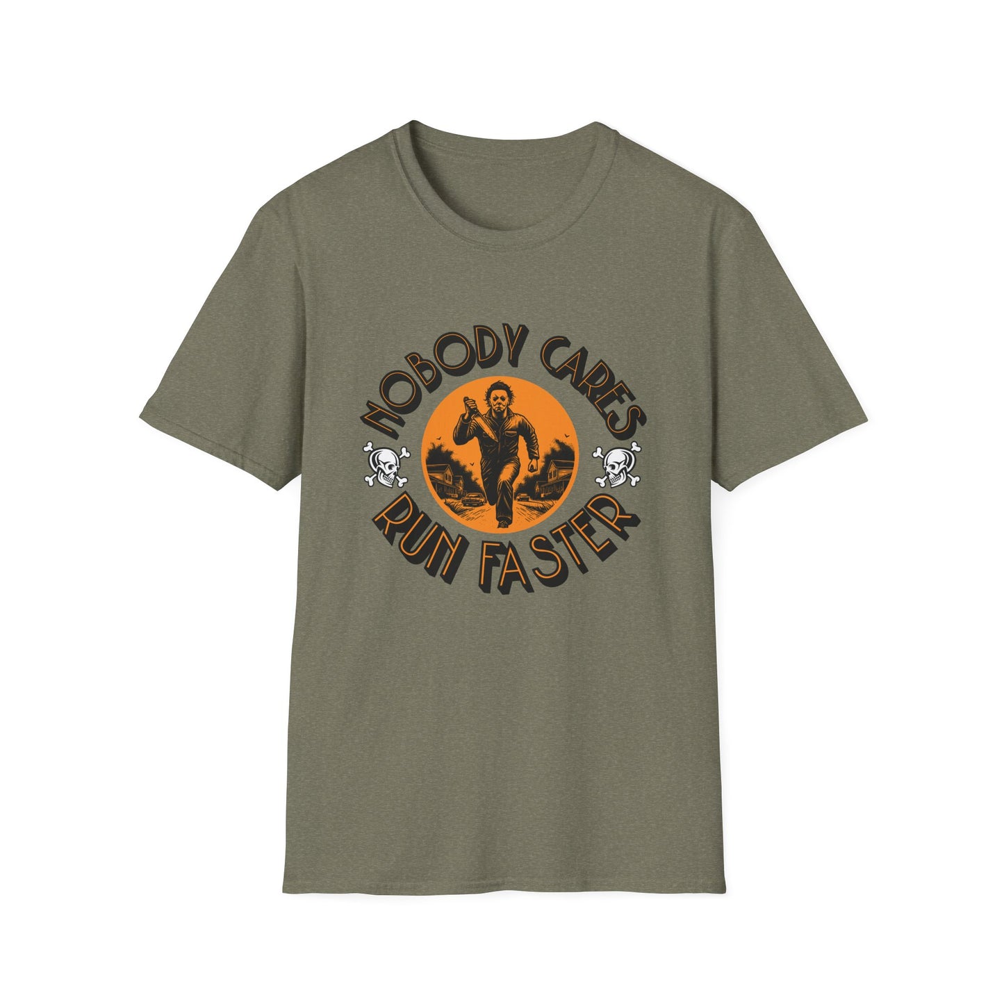 Nobody Cares Run Faster - Michael Running Myers on Halloween Horror Fun with Skulls Shirt - Unisex Softstyle T-Shirt