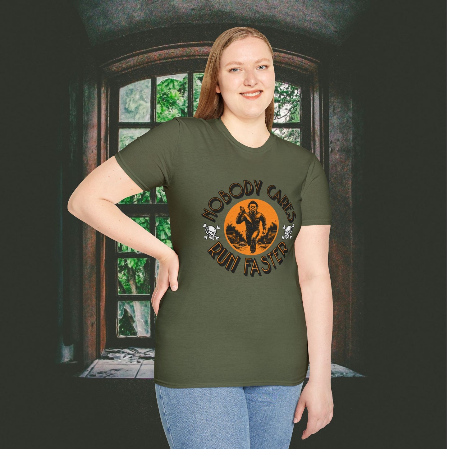 Nobody Cares Run Faster - Michael Running Myers on Halloween Horror Fun with Skulls Shirt - Unisex Softstyle T-Shirt