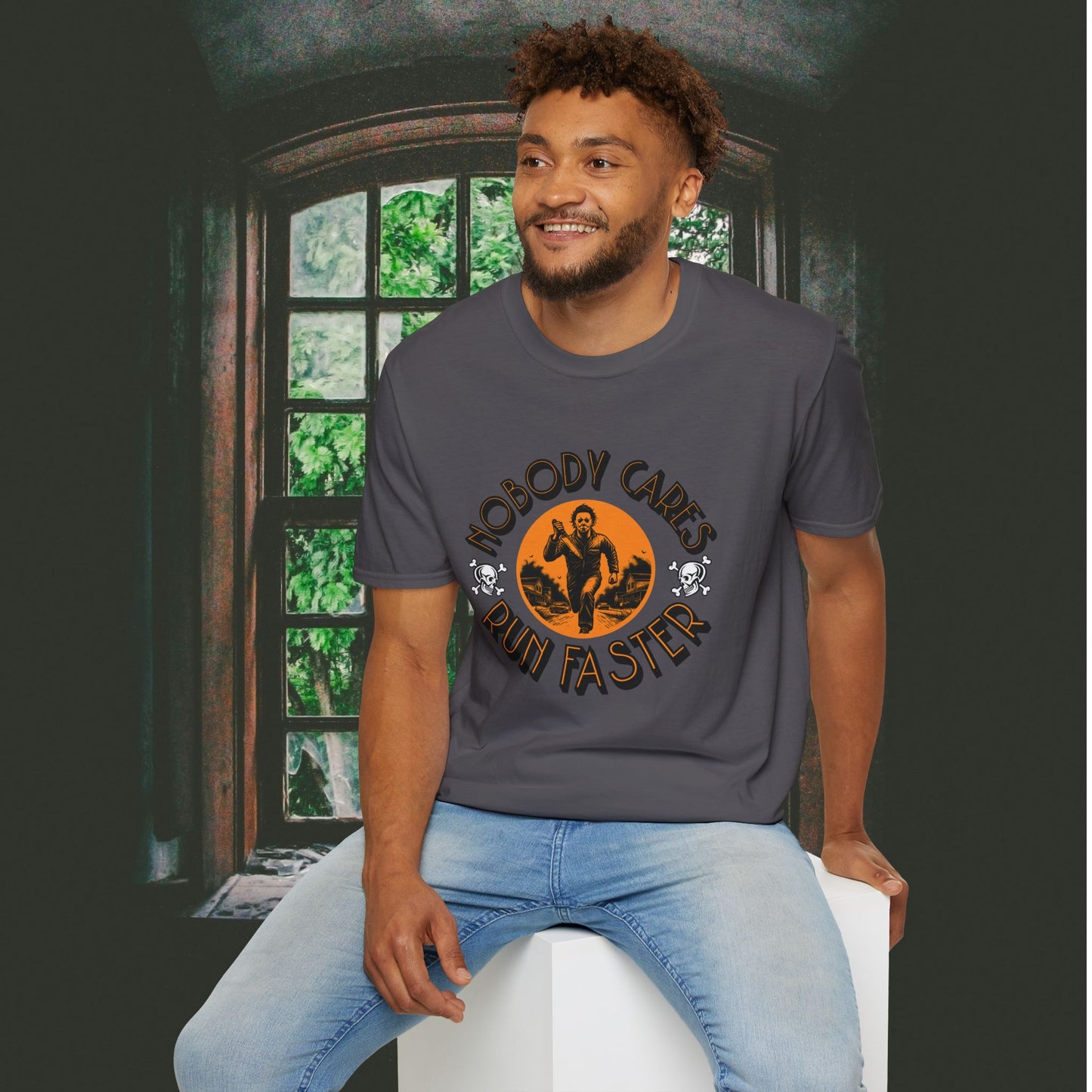 Nobody Cares Run Faster - Michael Running Myers on Halloween Horror Fun with Skulls Shirt - Unisex Softstyle T-Shirt