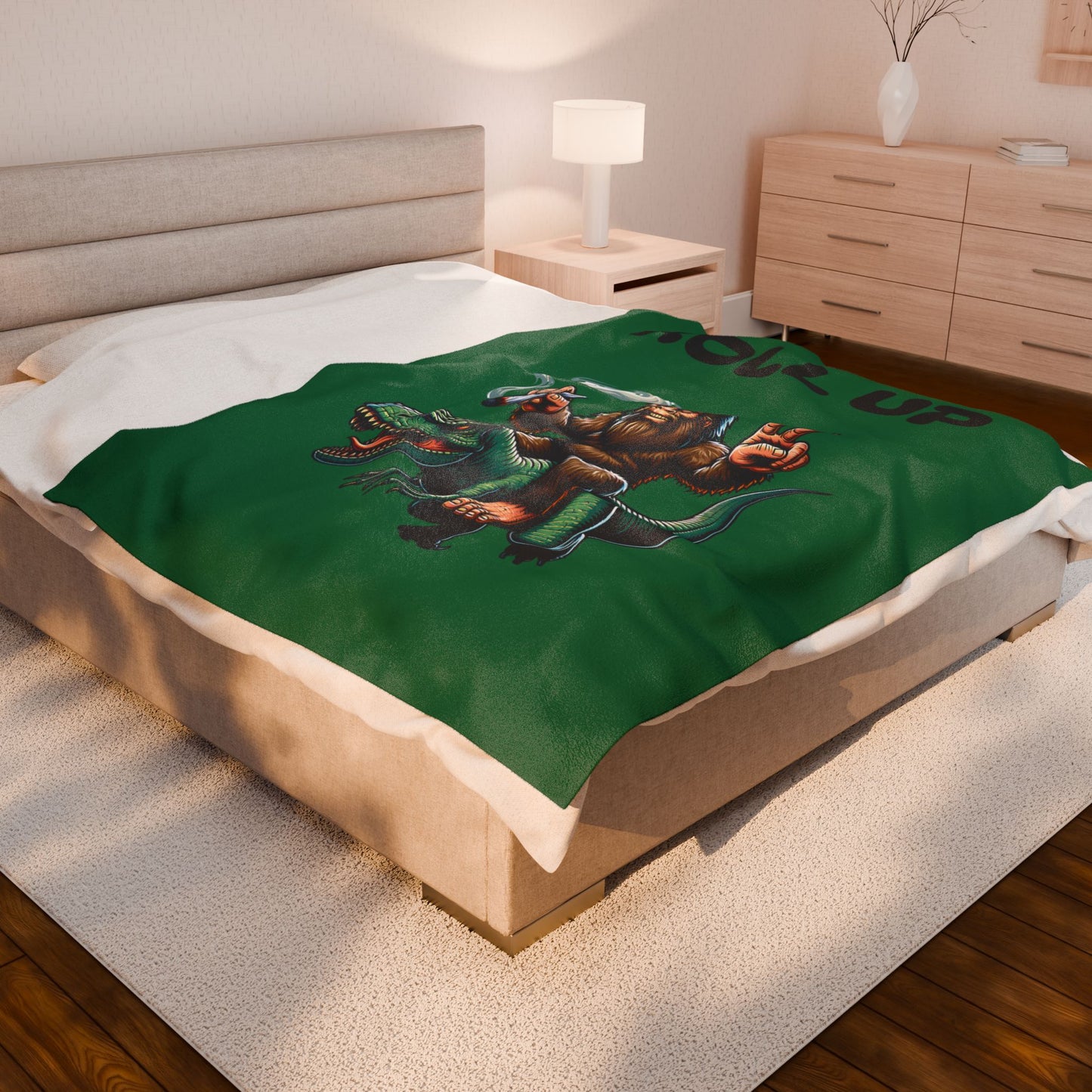 Blanket - Bigfoot Riding T Rex Smoking Joint Peace Sign Design