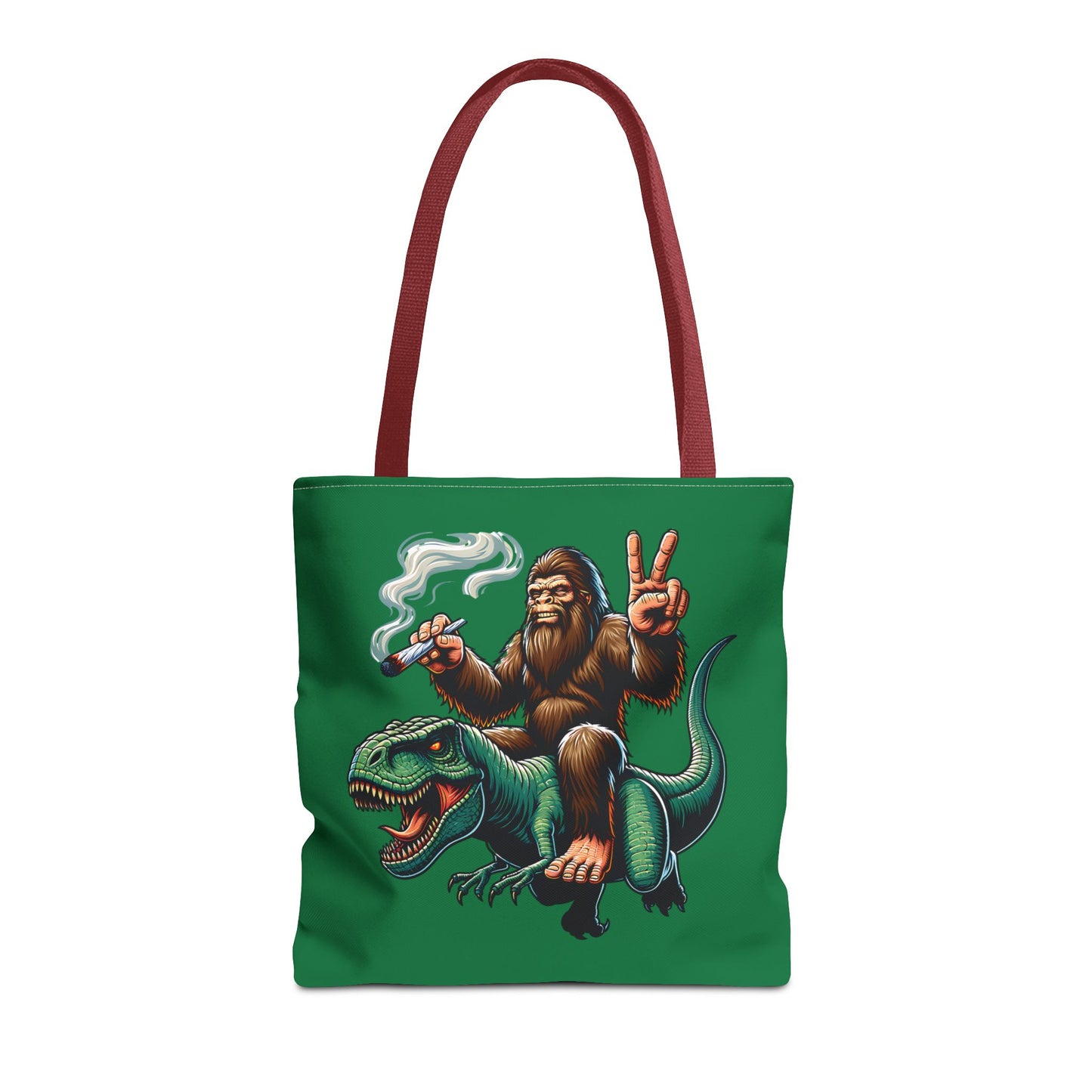 Tote Bag - Bigfoot Riding a T Rex Peace Sign 420 Design