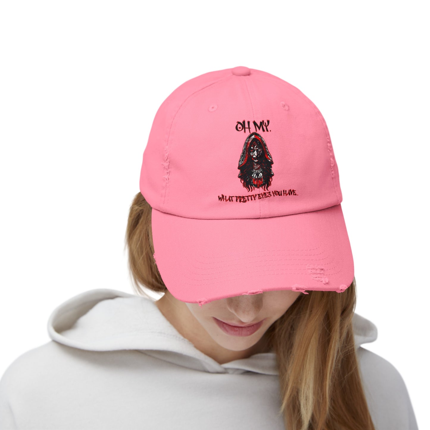 Creepy Little Red Riding Hood Inspired Scary Witch Oh My, What Pretty Eyes You Have Horror Hat Unisex Distressed Cap