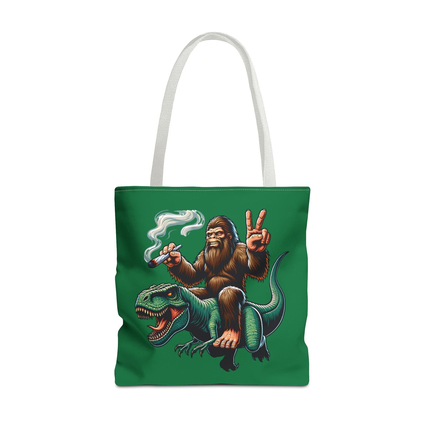 Tote Bag - Bigfoot Riding a T Rex Peace Sign 420 Design