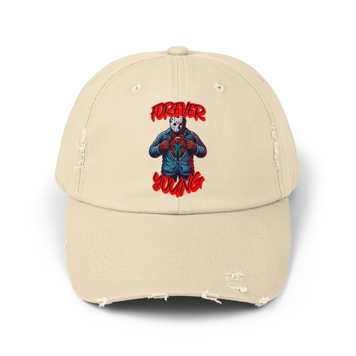 Forever Young Jason With The Mask On Voorhees Friday Horror Fun Unisex Distressed Cap Baseball Hat