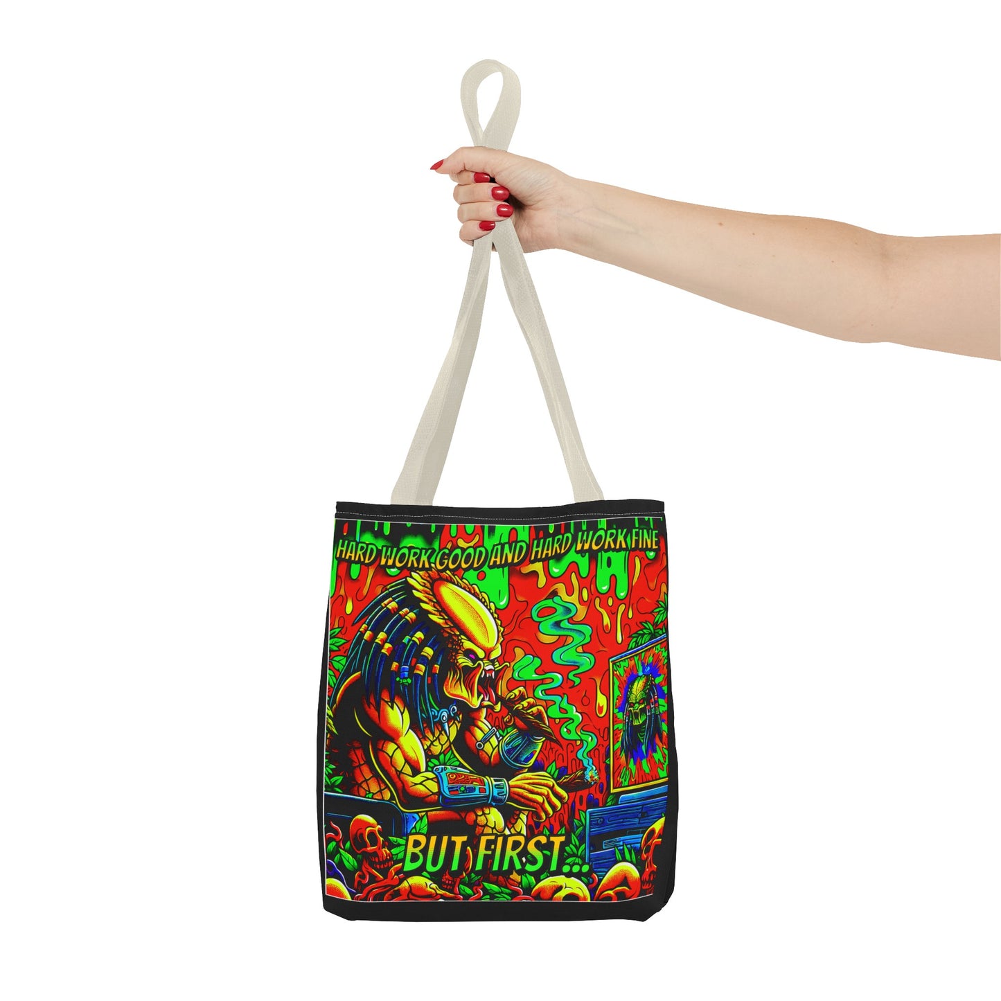 Horradelic Hard Work Good Hard Work Fine Predator Blunt Smoking Horror Fun Travel Carry Tote Bag (AOP)