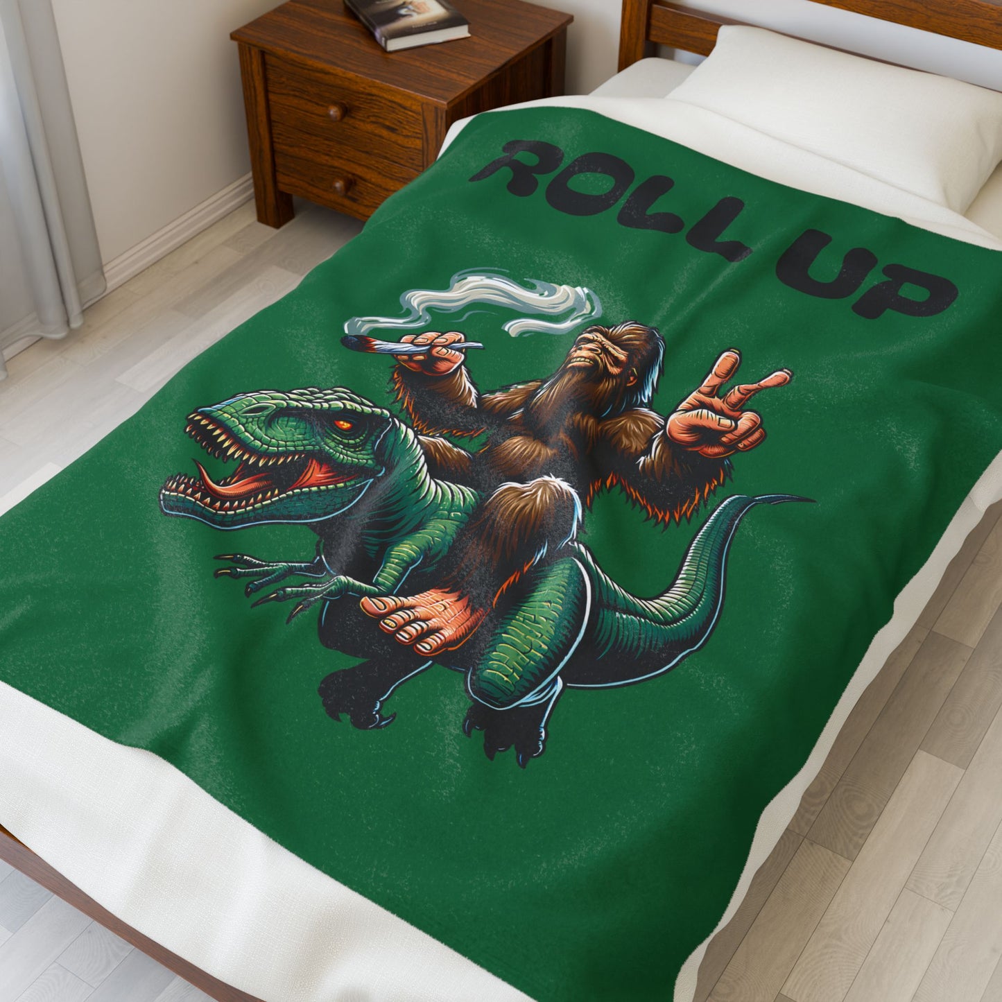 Blanket - Bigfoot Riding T Rex Smoking Joint Peace Sign Design