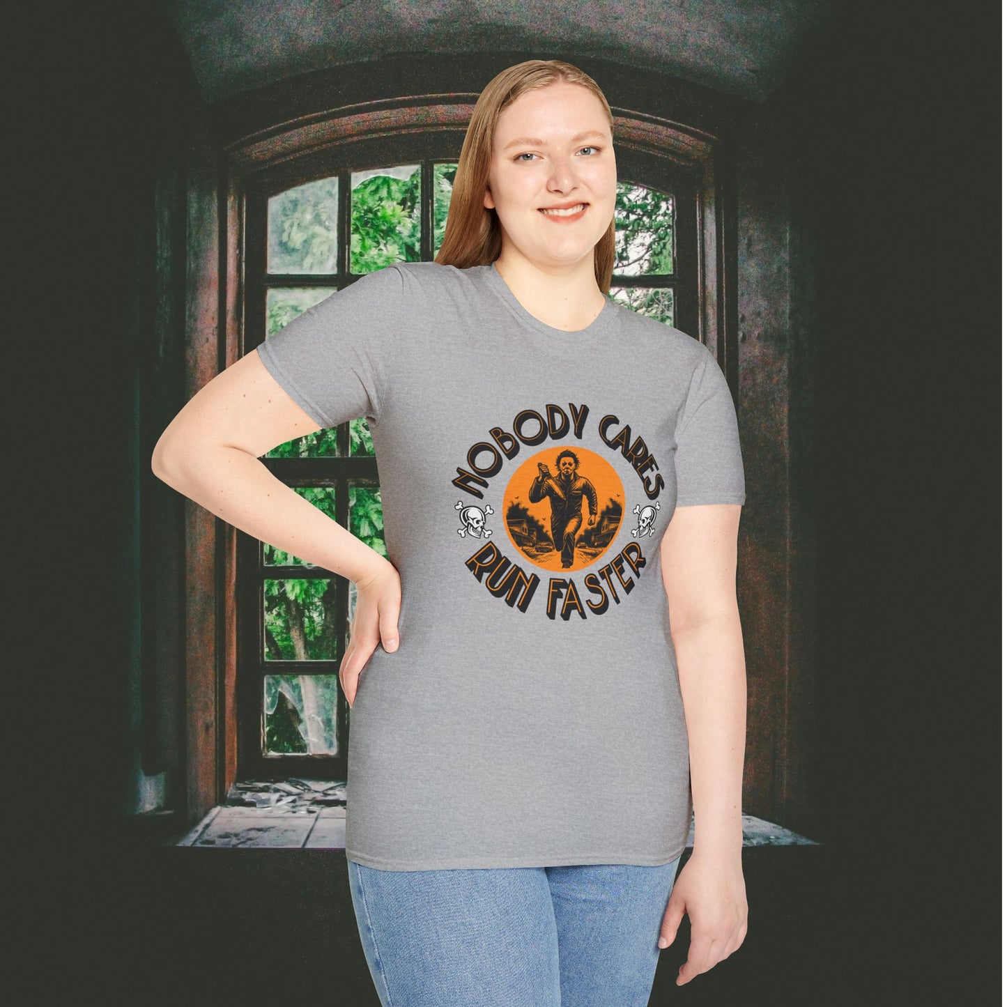 Nobody Cares Run Faster - Michael Running Myers on Halloween Horror Fun with Skulls Shirt - Unisex Softstyle T-Shirt
