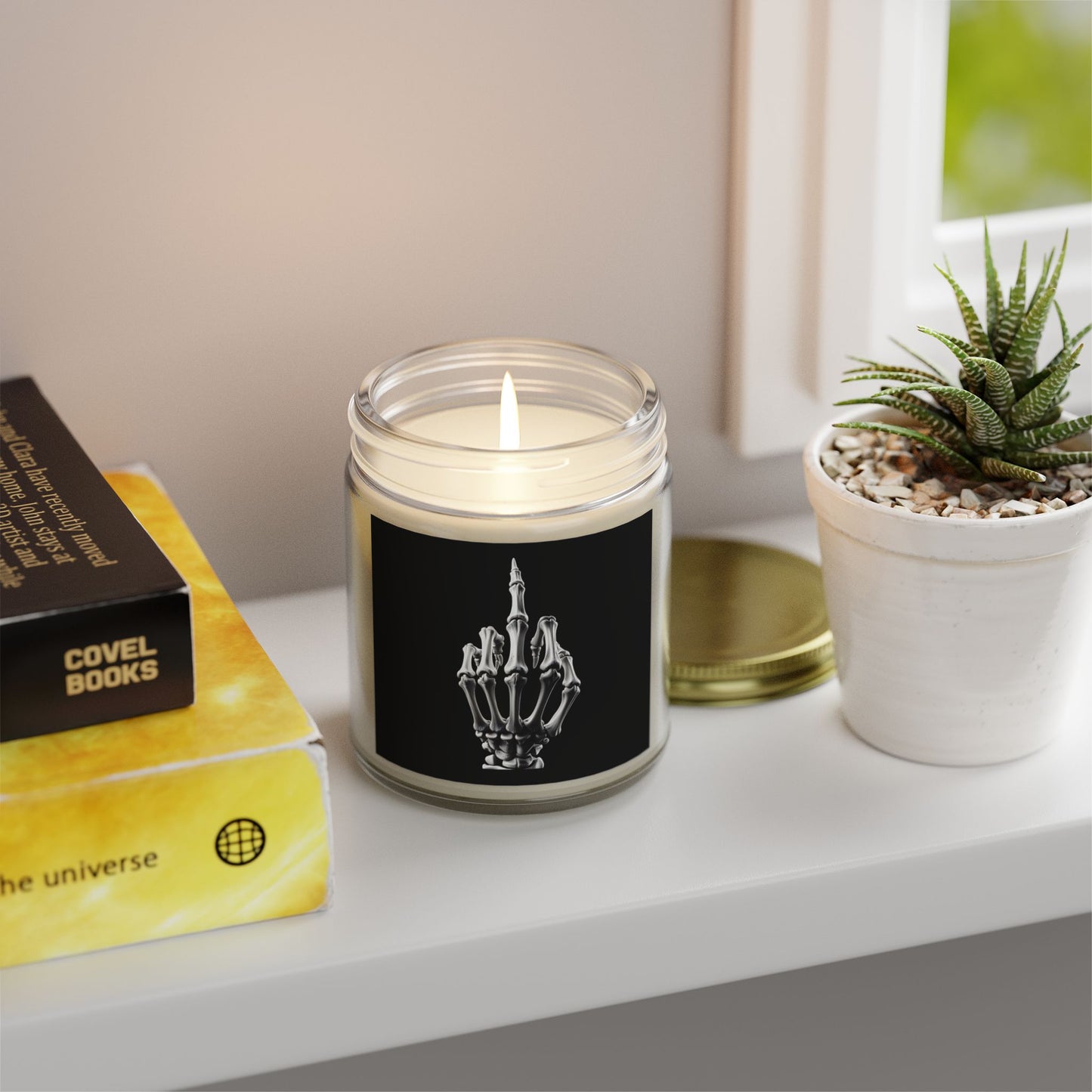 Scented Candle - Skeleton Hand Middle Finger Funny Coconut Apricot Wax (4oz. 9oz)