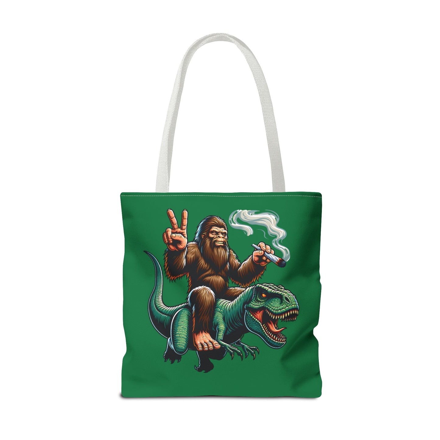 Tote Bag - Bigfoot Riding a T Rex Peace Sign 420 Design