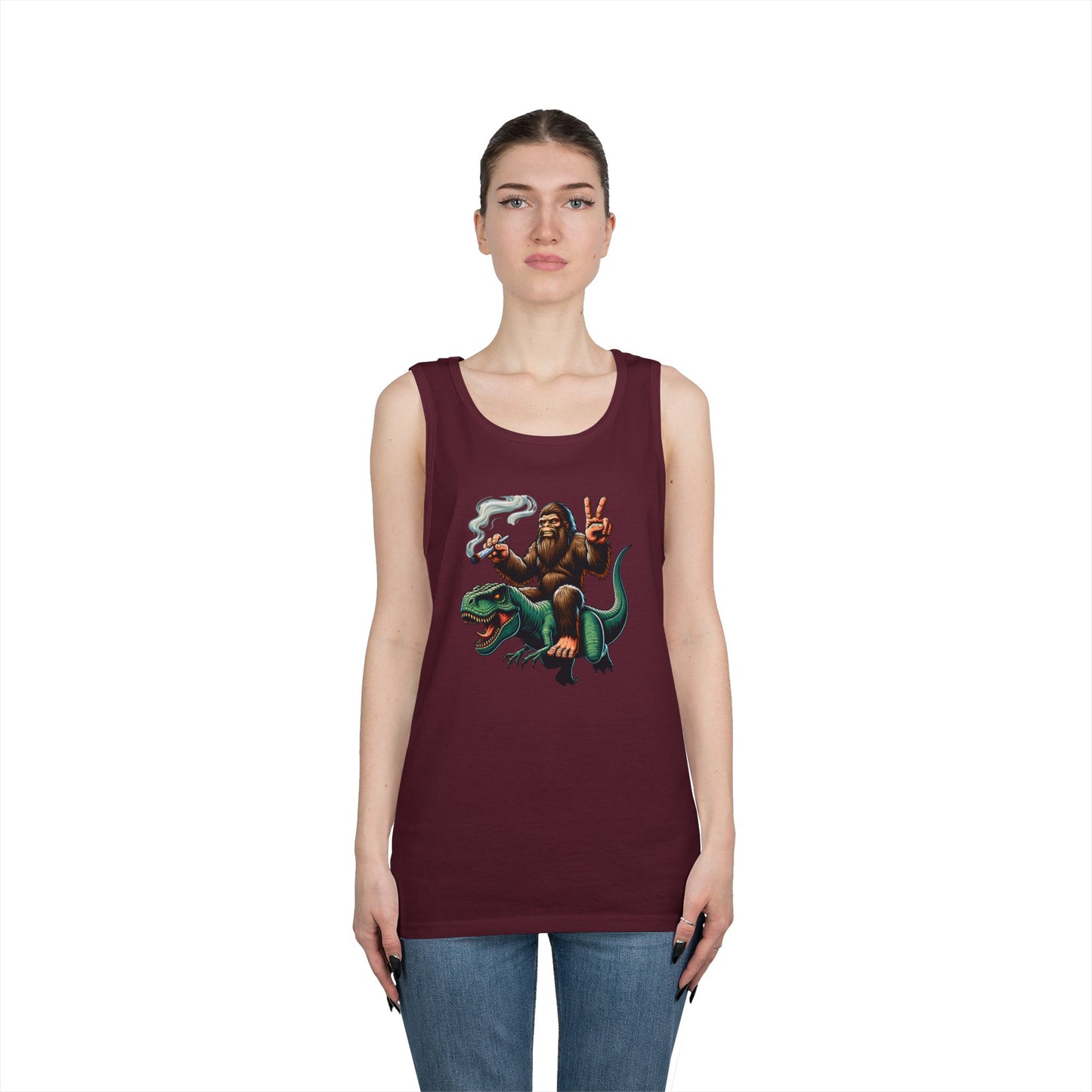 Bigfoot Riding T Rex Tank Top - 420 Peace Sign Design