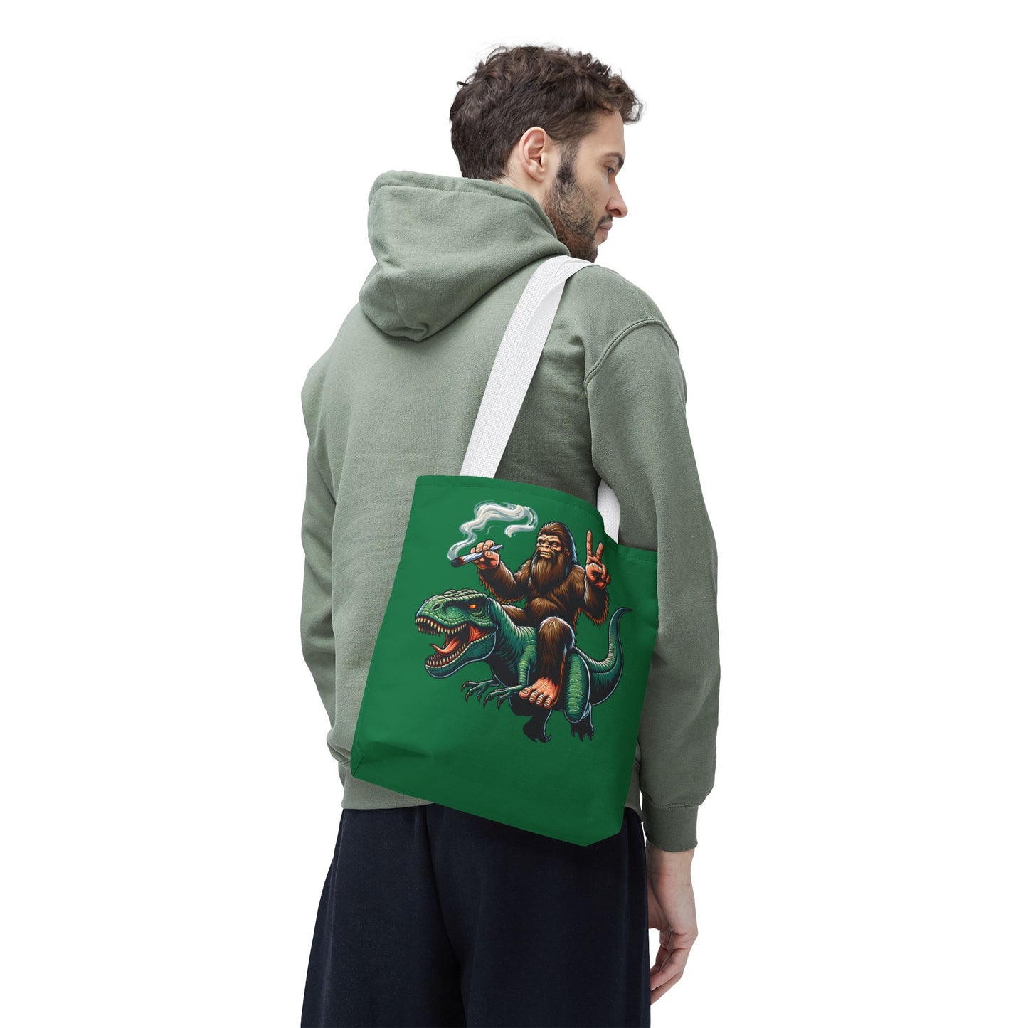 Tote Bag - Bigfoot Riding a T Rex Peace Sign 420 Design