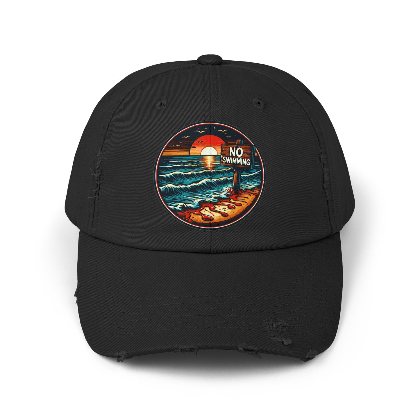 No Swimming Bloody Beach Unisex Distressed Cap Horror Fun Hat Dark Humor
