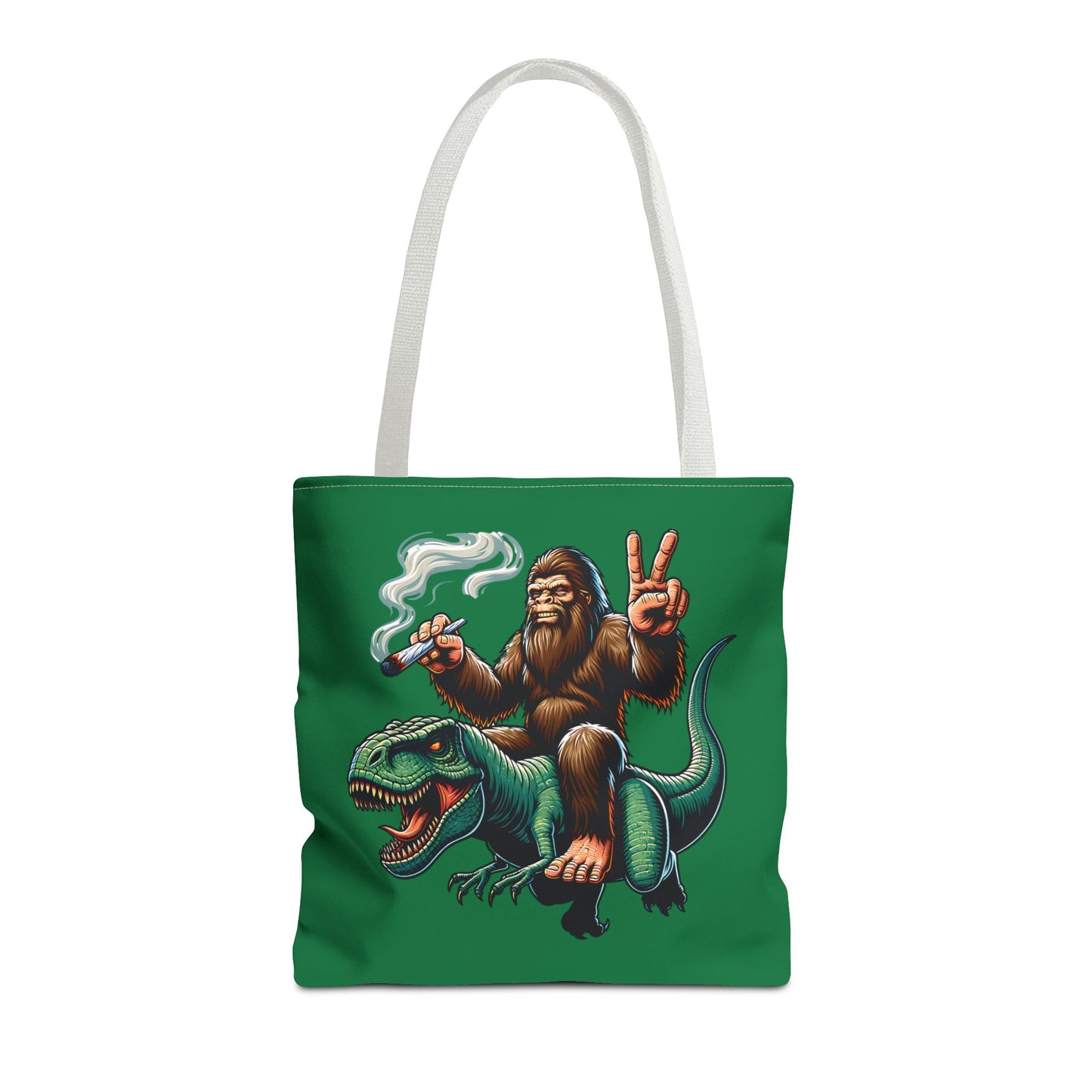 Tote Bag - Bigfoot Riding a T Rex Peace Sign 420 Design