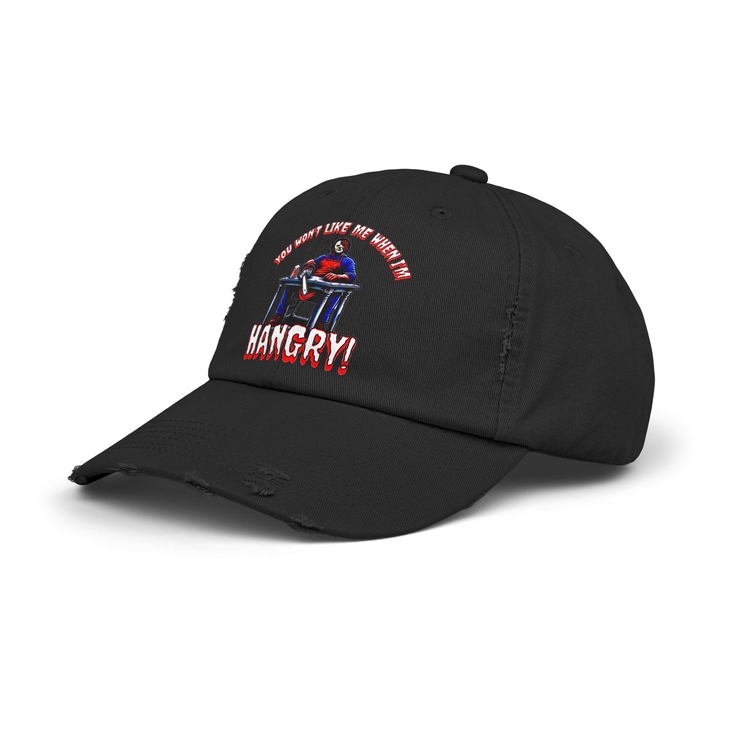 You Won't Like Me When I'm Hangry Leather Chainsaw Guy Cannibal Horror Fun Hat Unisex Distressed Cap