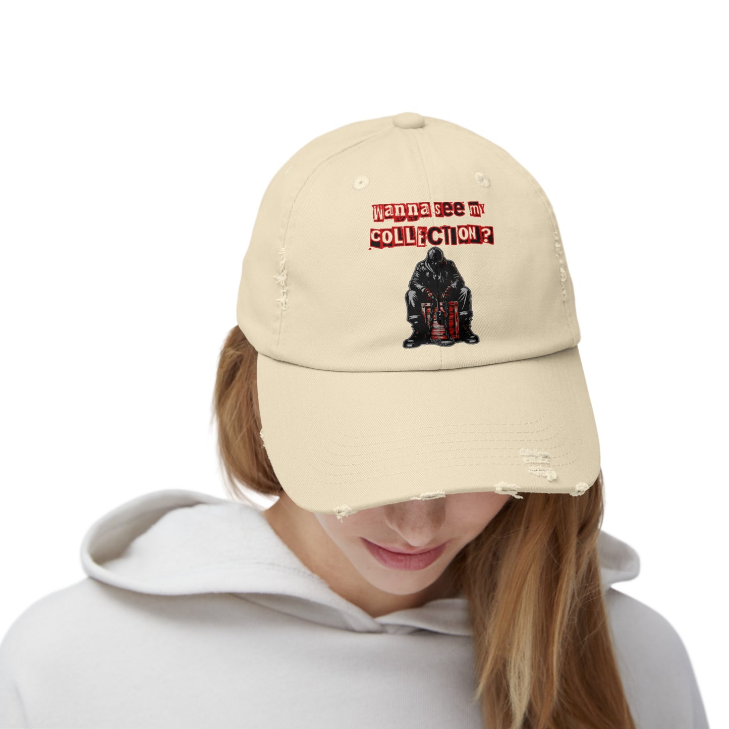 The Collector Inspired Wanna See My Collection Horror Movie Fun Collectors Hat Unisex Distressed Cap