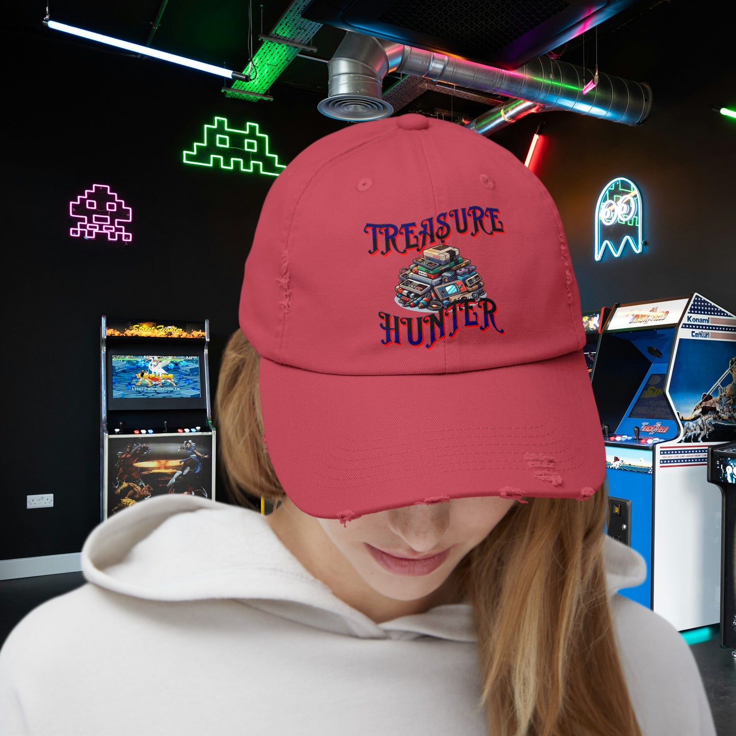 Treasure Hunter Retro Gamer Unisex Distressed Cap Vintage Video Game Collector Hat
