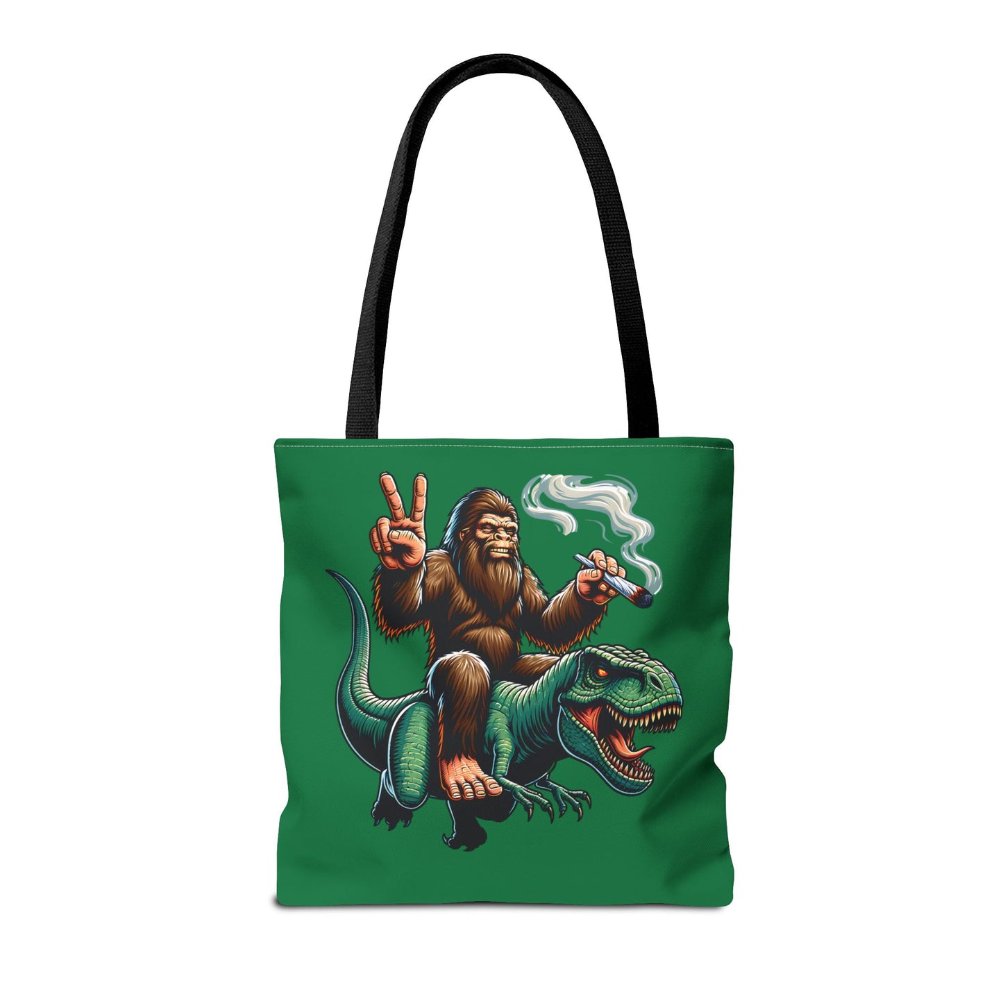 Tote Bag - Bigfoot Riding a T Rex Peace Sign 420 Design