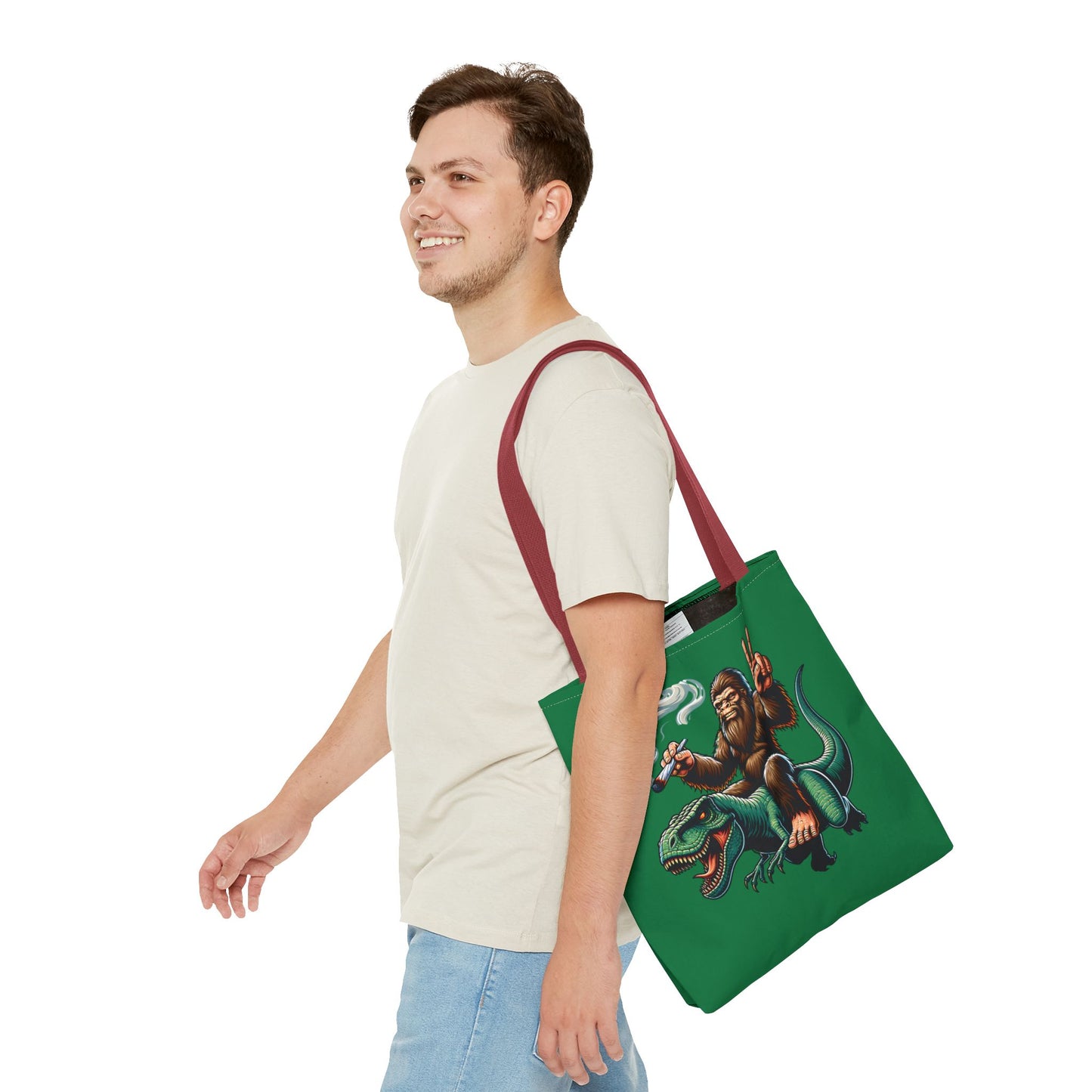Tote Bag - Bigfoot Riding a T Rex Peace Sign 420 Design