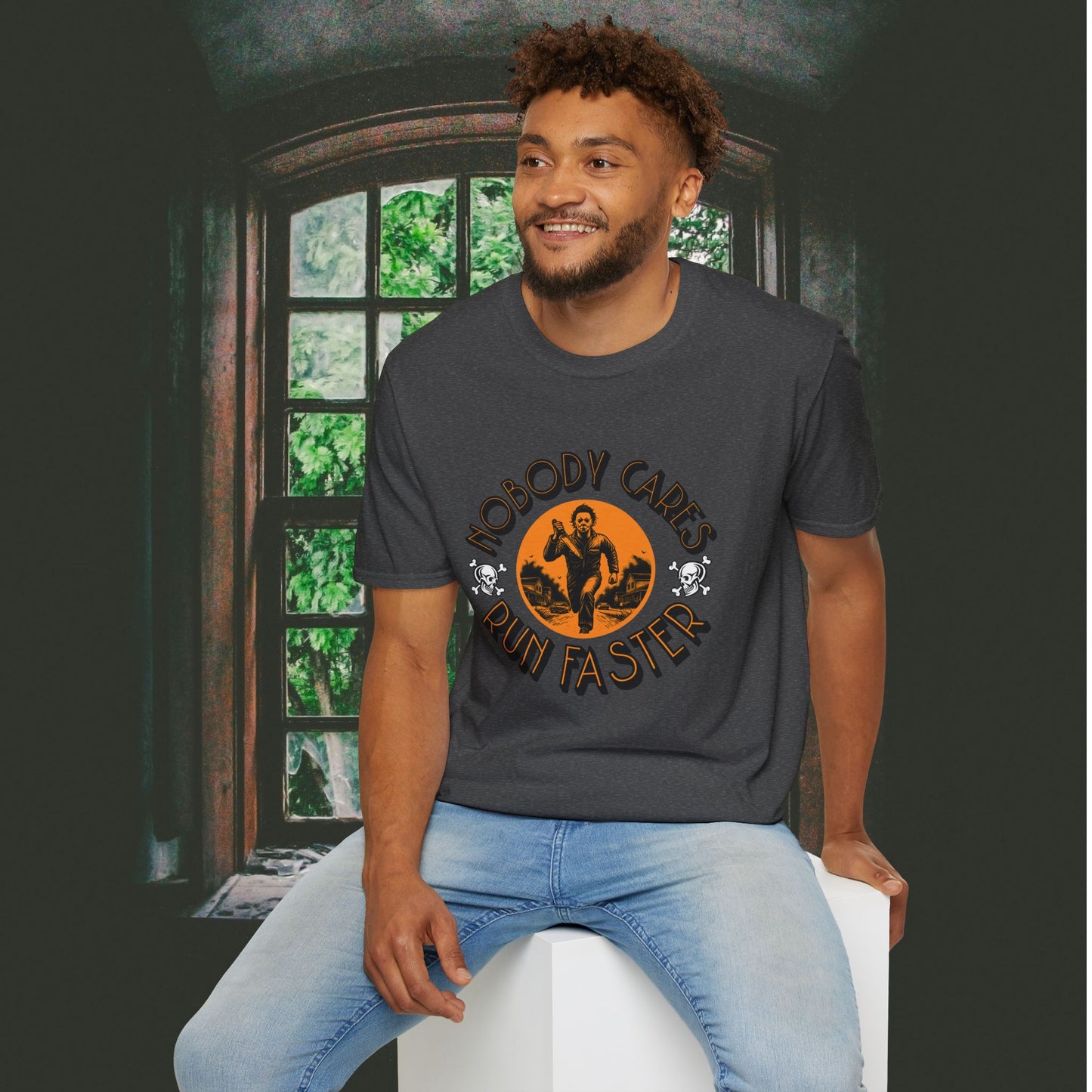 Nobody Cares Run Faster - Michael Running Myers on Halloween Horror Fun with Skulls Shirt - Unisex Softstyle T-Shirt