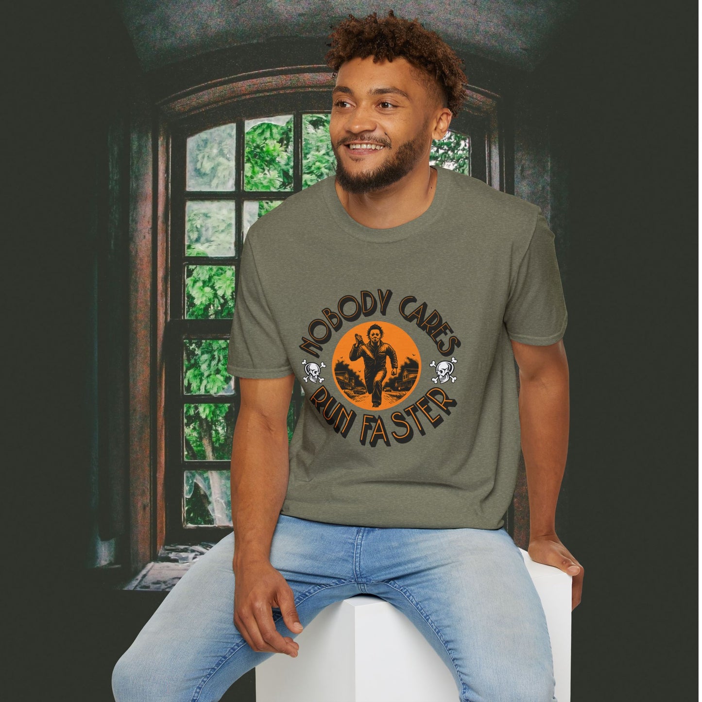 Nobody Cares Run Faster - Michael Running Myers on Halloween Horror Fun with Skulls Shirt - Unisex Softstyle T-Shirt