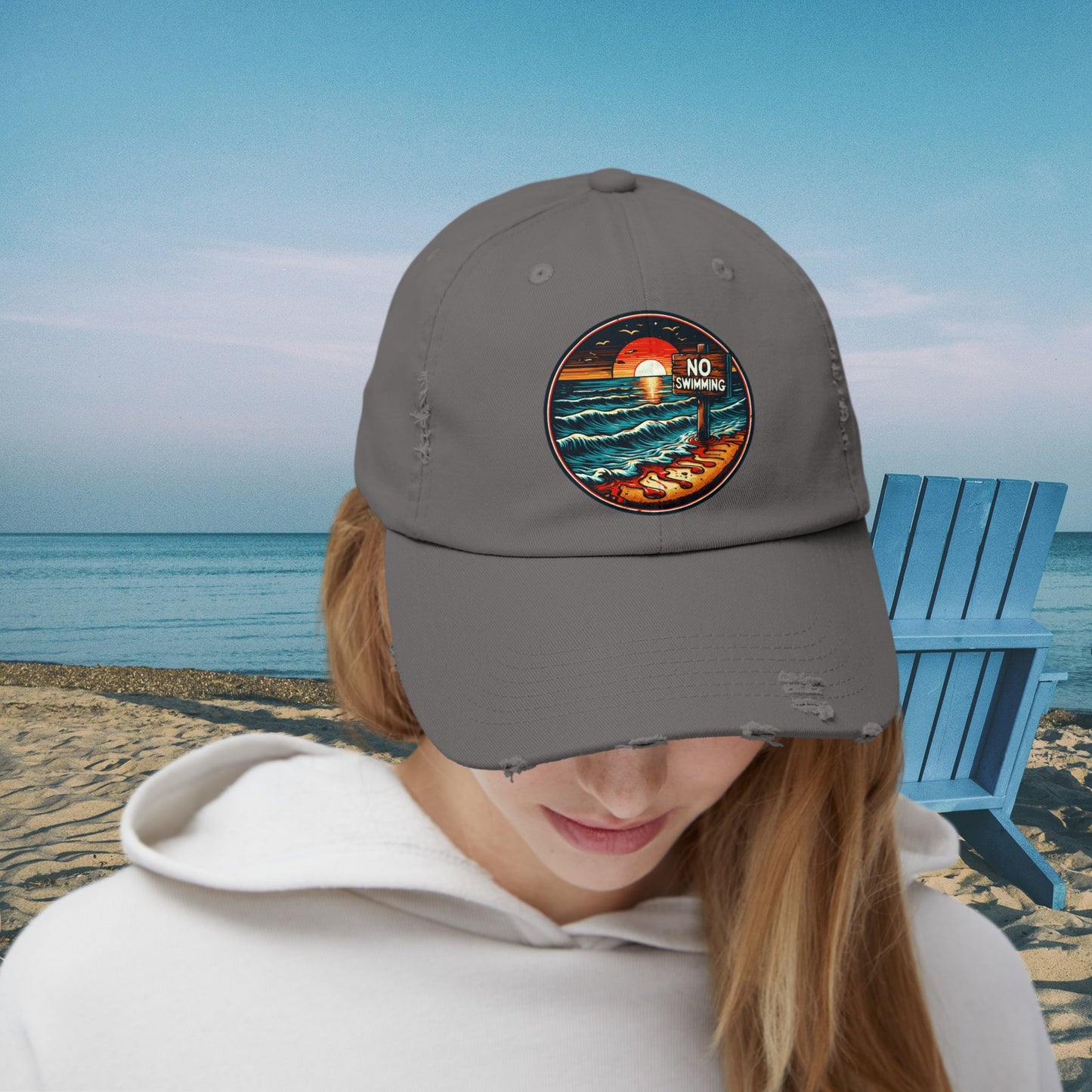 No Swimming Bloody Beach Unisex Distressed Cap Horror Fun Hat Dark Humor