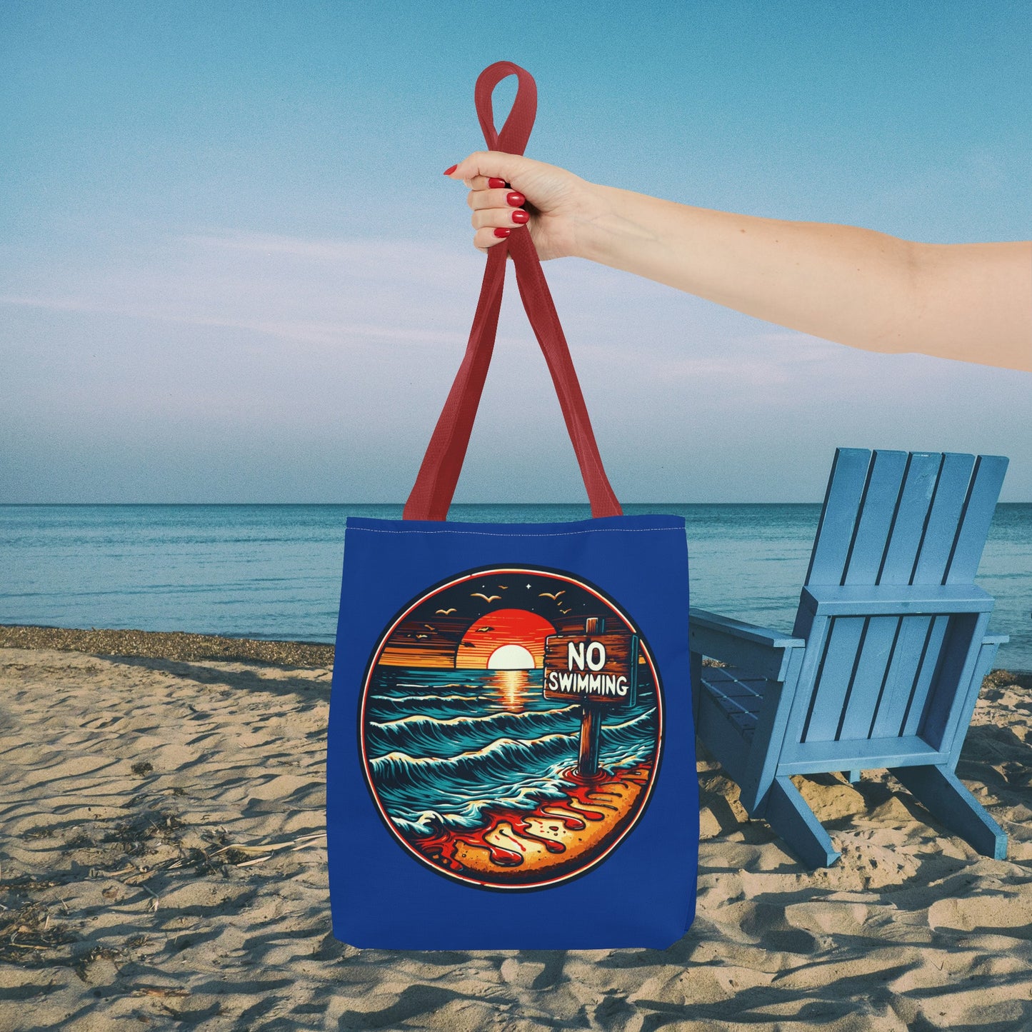 No Swimming Bloody Beach Tote Bag (AOP) Horror Fun Travel Swimming Vacation