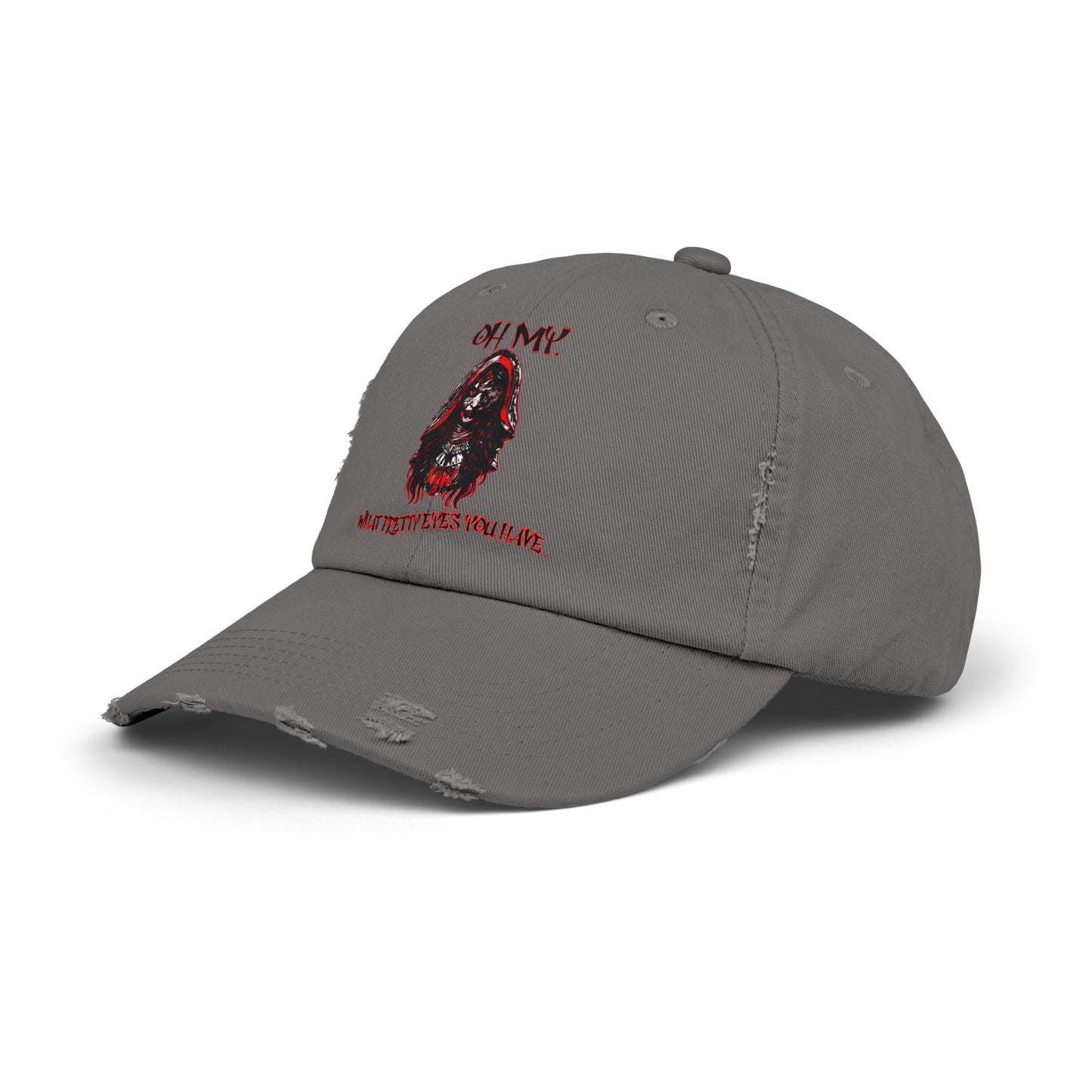 Creepy Little Red Riding Hood Inspired Scary Witch Oh My, What Pretty Eyes You Have Horror Hat Unisex Distressed Cap