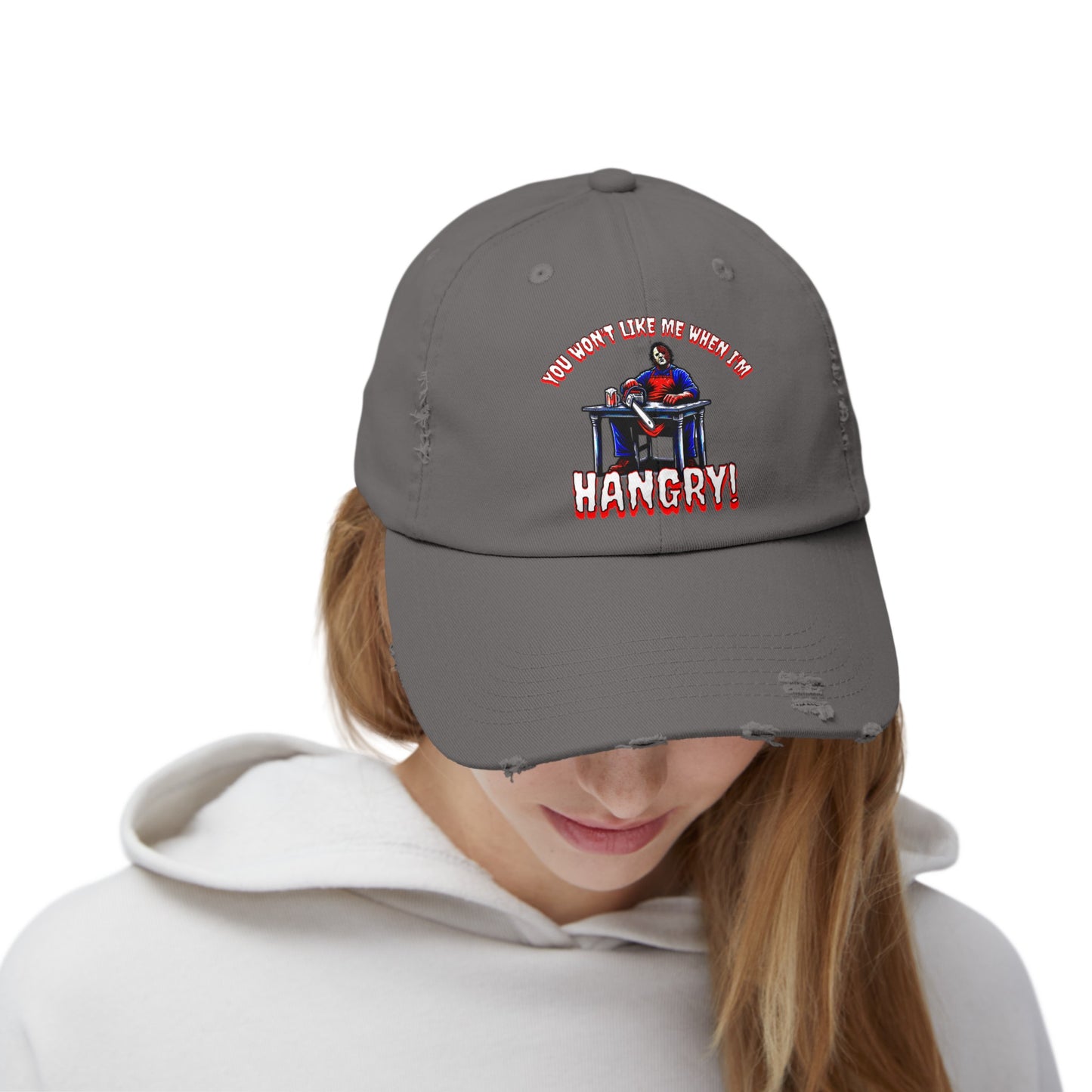 You Won't Like Me When I'm Hangry Leather Chainsaw Guy Cannibal Horror Fun Hat Unisex Distressed Cap